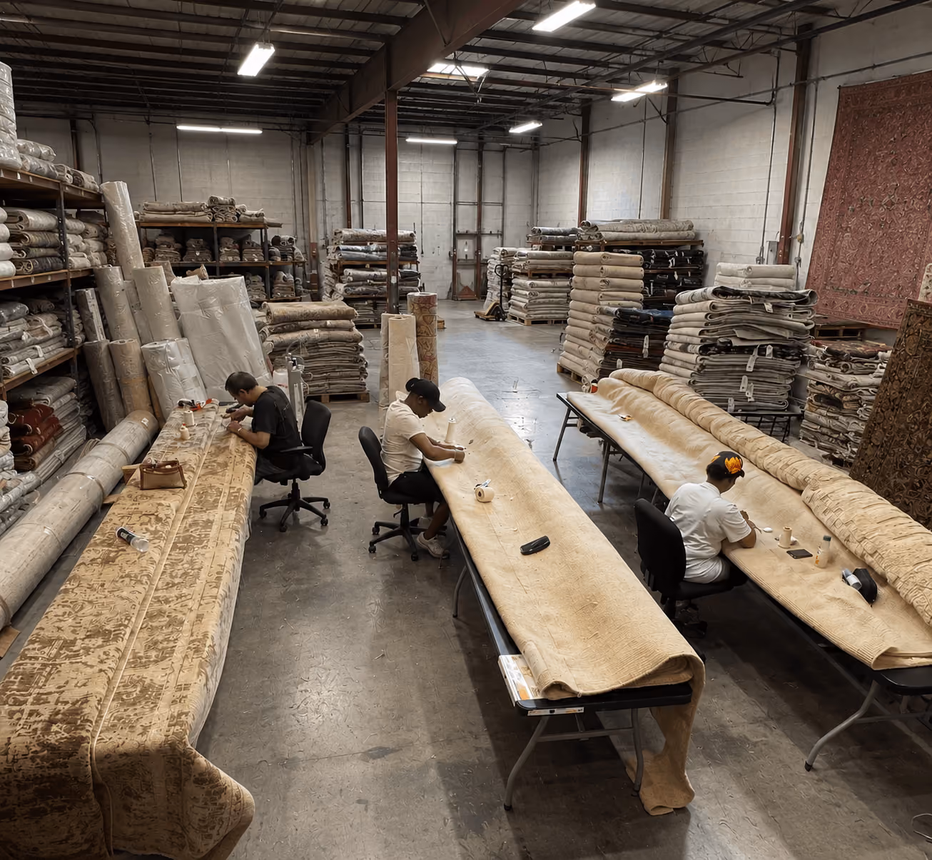 Rug Refinery specialists working on large area rugs inside a professional NYC rug workshop