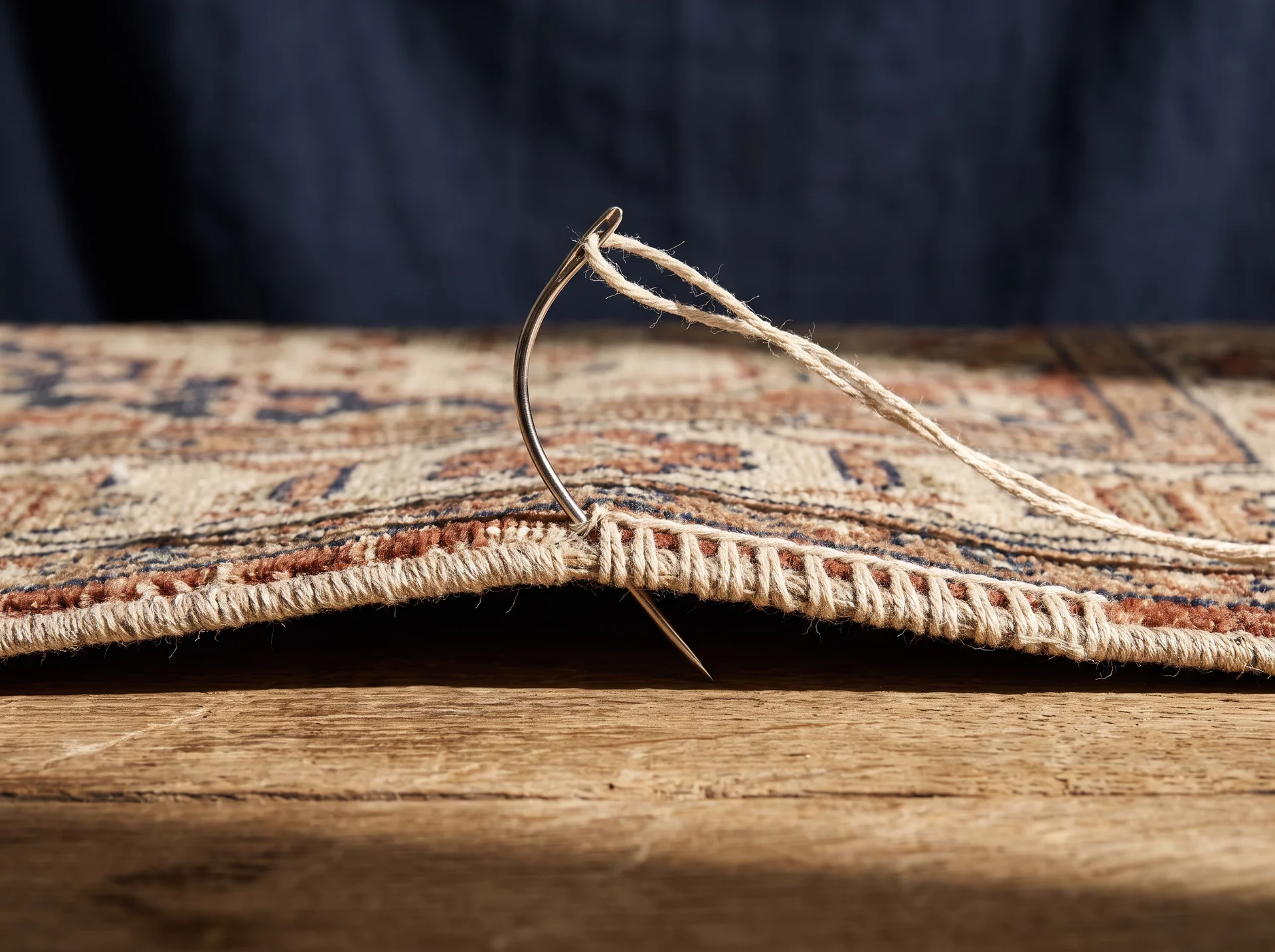 Curved needle sewing beige thread through the edge of a patterned fabric on wooden surface.