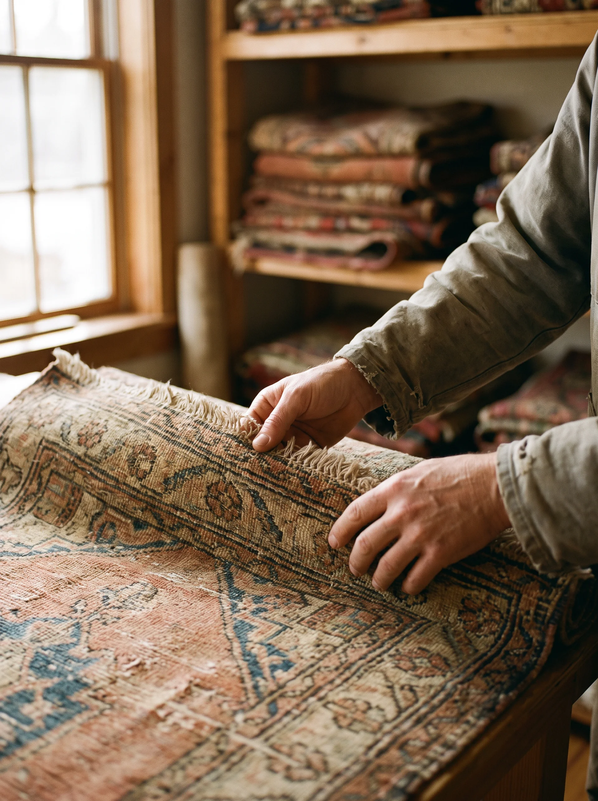 Person’s hands unrolling a vintage patterned rug on a table near window and shelves with folded rugs.