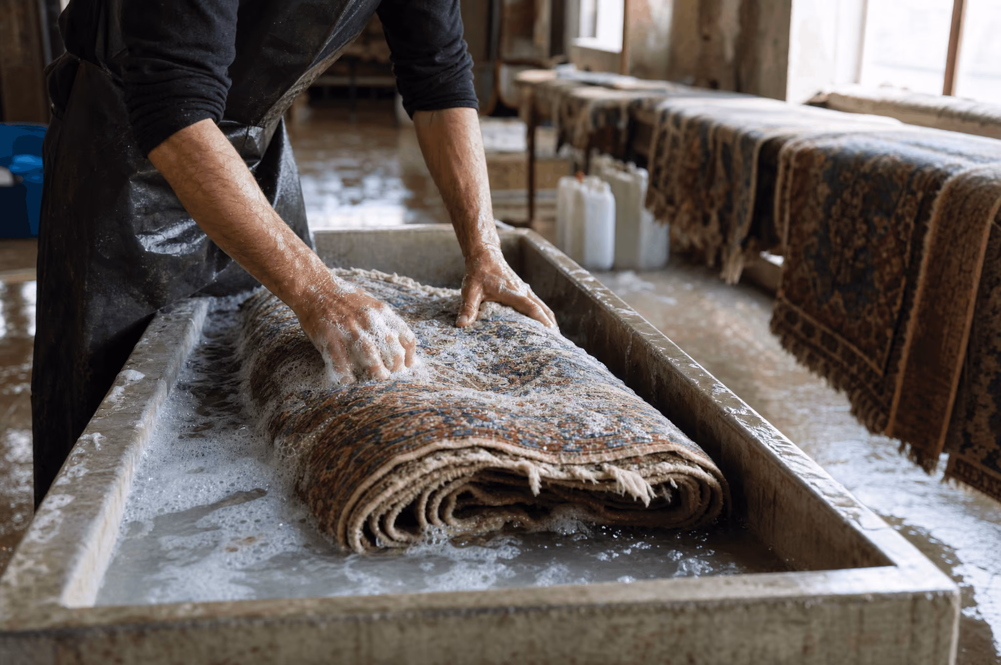 a rug artisan soaking a rug 