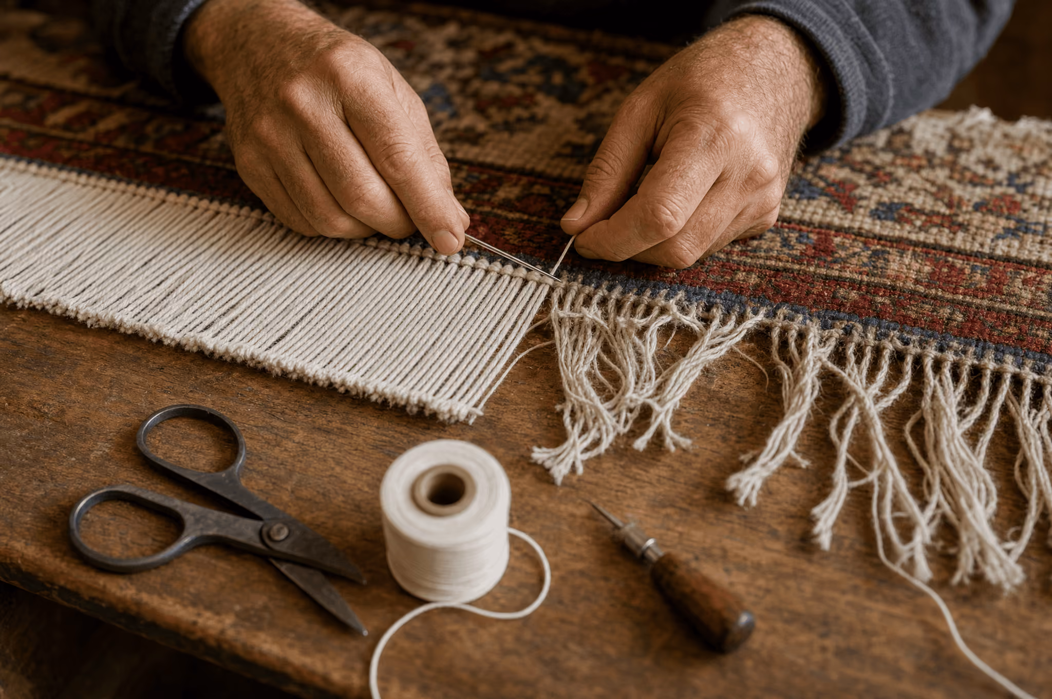 antique rug being repaired by rug refinery