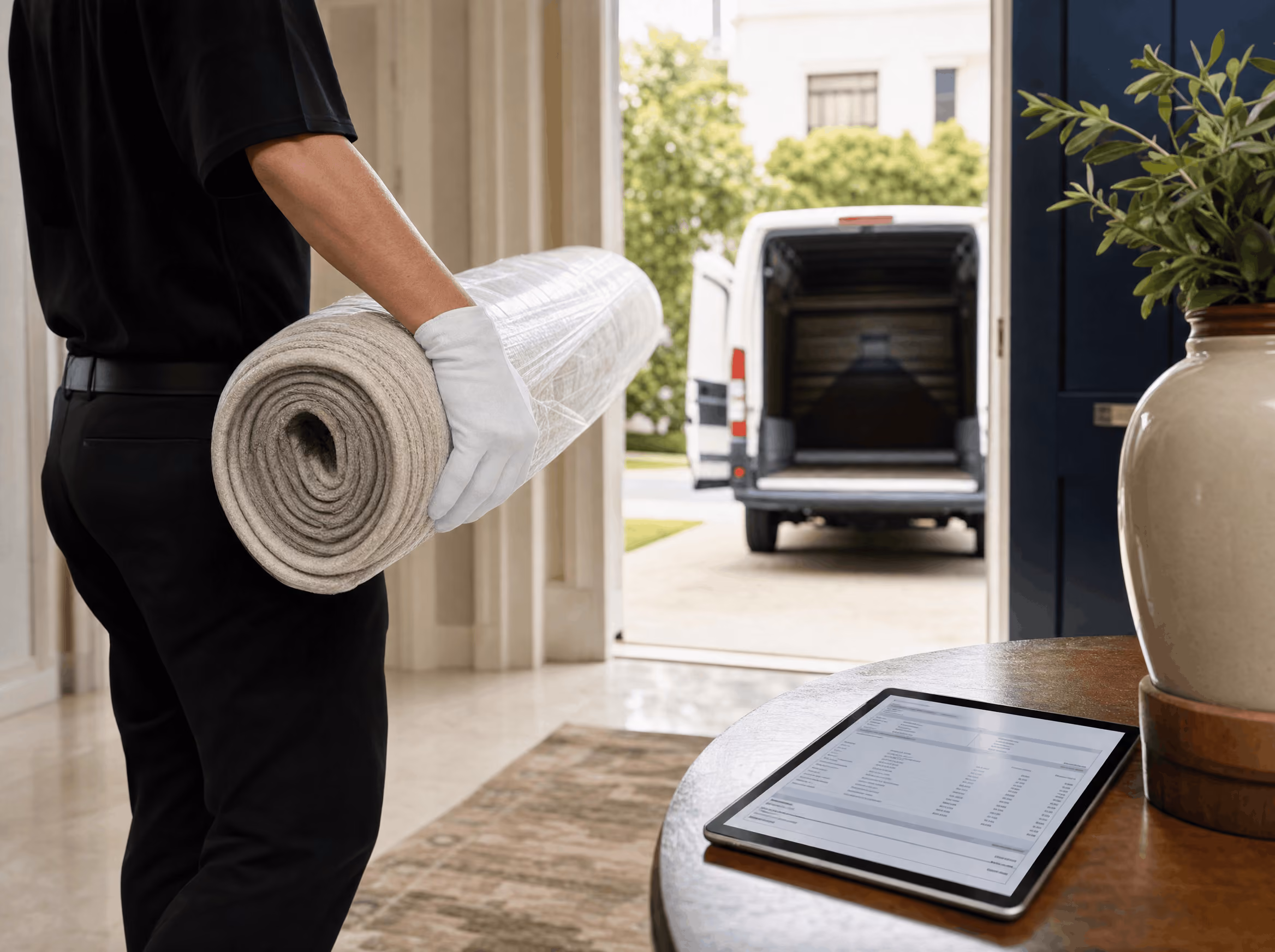 a rug refinery delivery image in a customers house