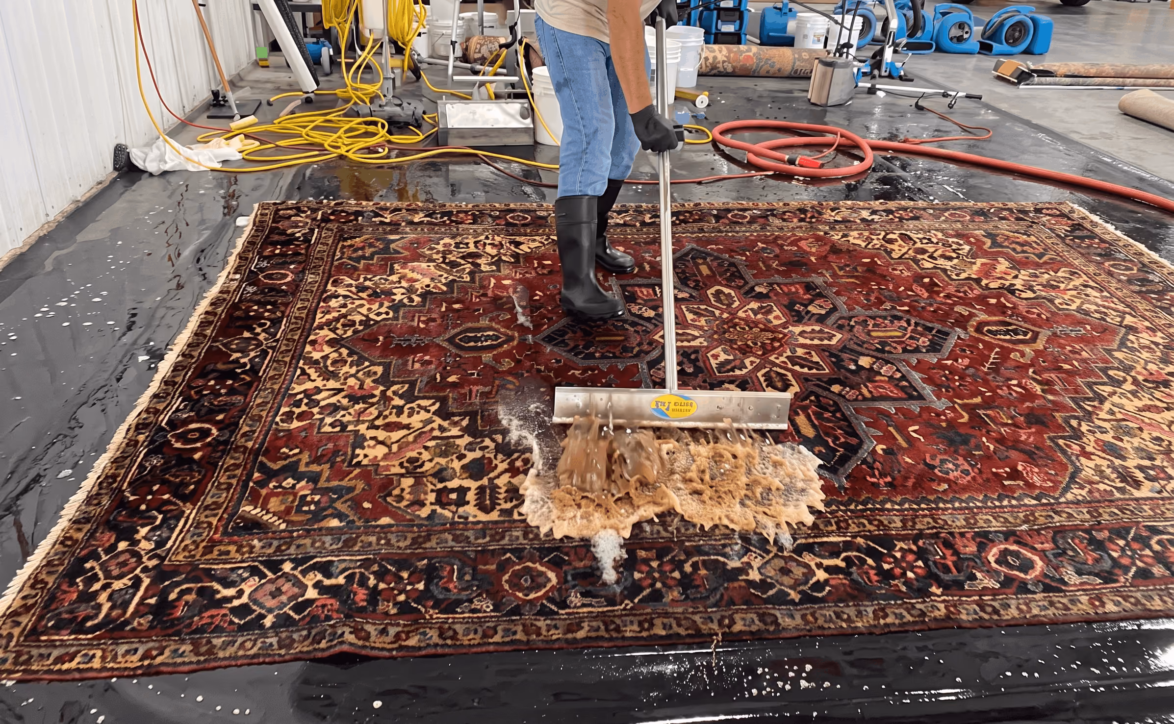 Person scrubbing a wet, soapy patterned rug on a stone floor near a window.