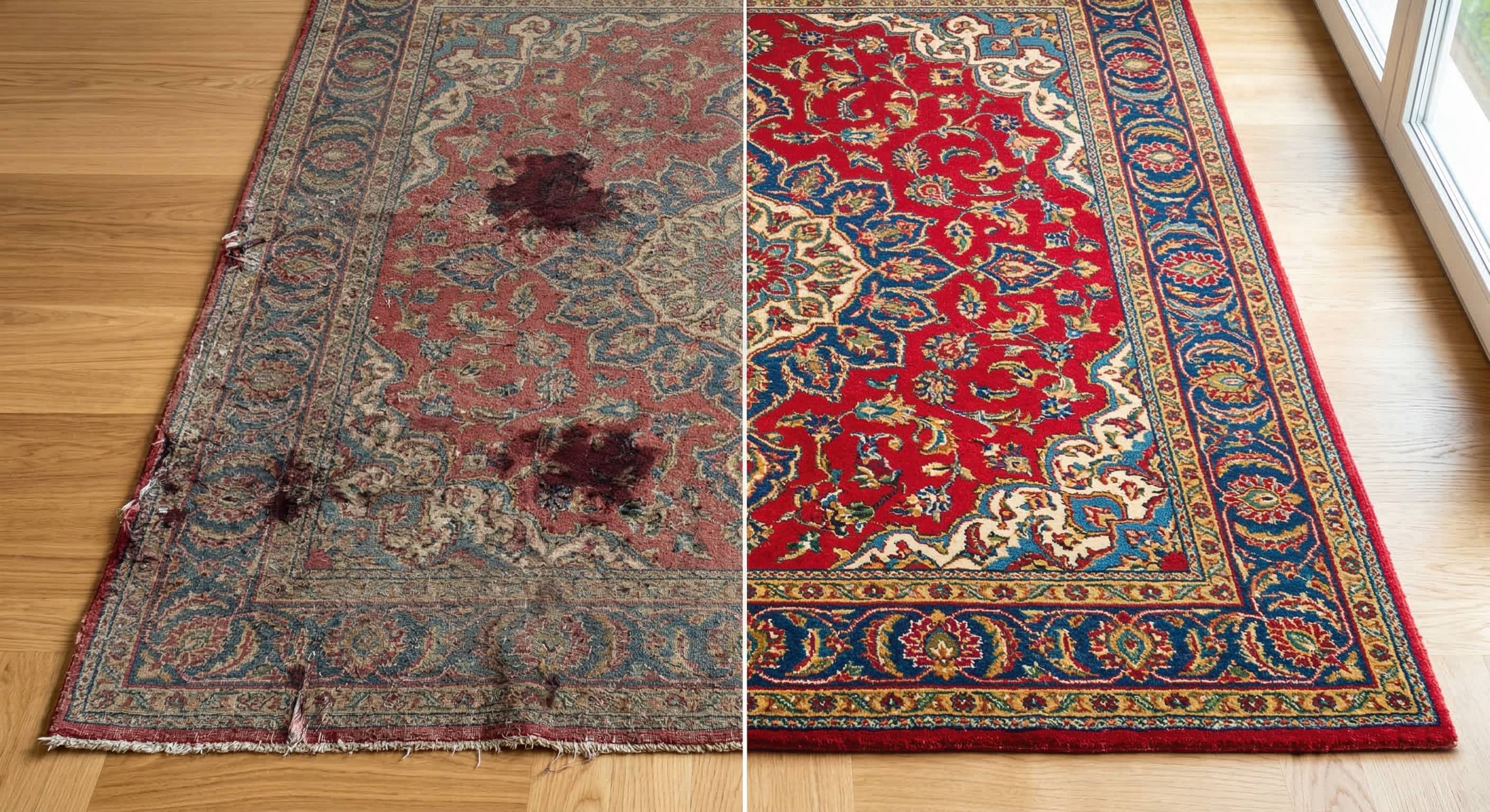 Specialist restoring a handmade Persian rug at a professional rug restoration facility in NYC