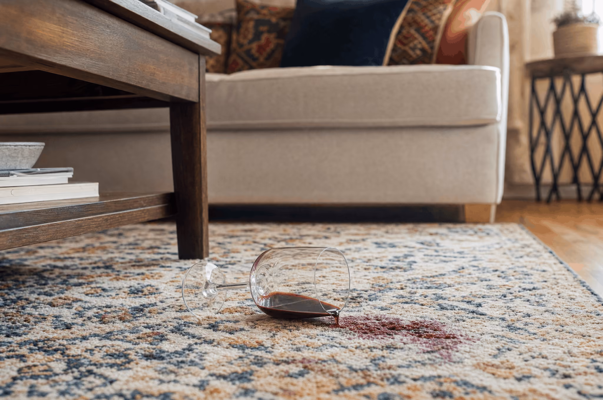 Red wine spilled on a patterned area rug, highlighting a common household accident that requires professional rug stain mitigation and extraction.
