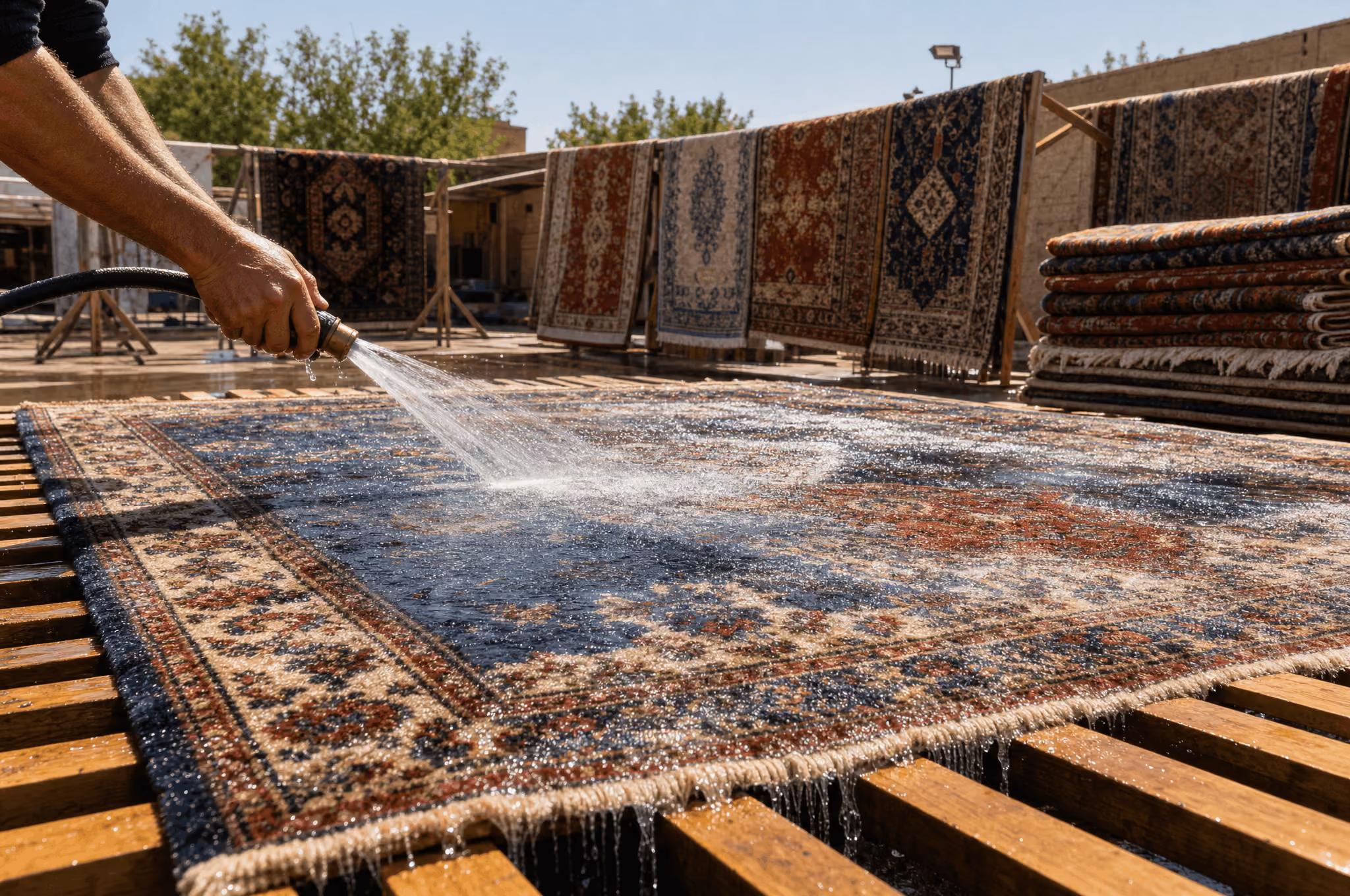 An artisan performing a traditional submersion hand-wash on a Persian rug using a water hose at a professional New York rug cleaning workroom.