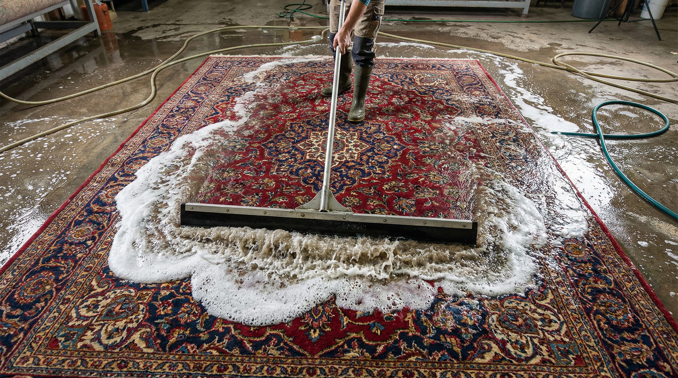 Professional technician cleaning a Persian area rug at a NYC rug cleaning facility