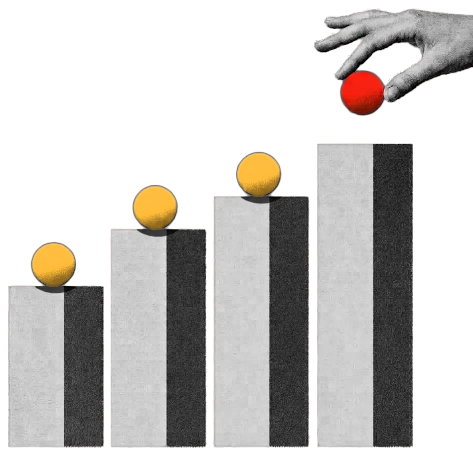 Barre che salgono con sfere gialle in equilibrio sopra, e una mano che posa l'ultima sfera, rossa
