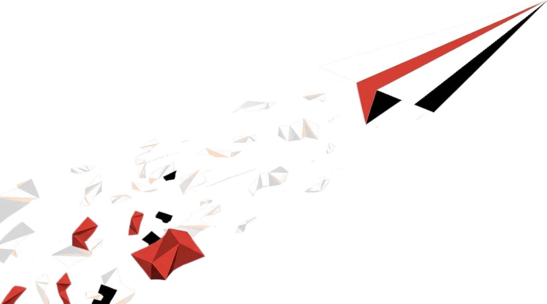 Un aereo di carta bianco e rosso che sale in volo, lasciandosi indietro una scia di fogli