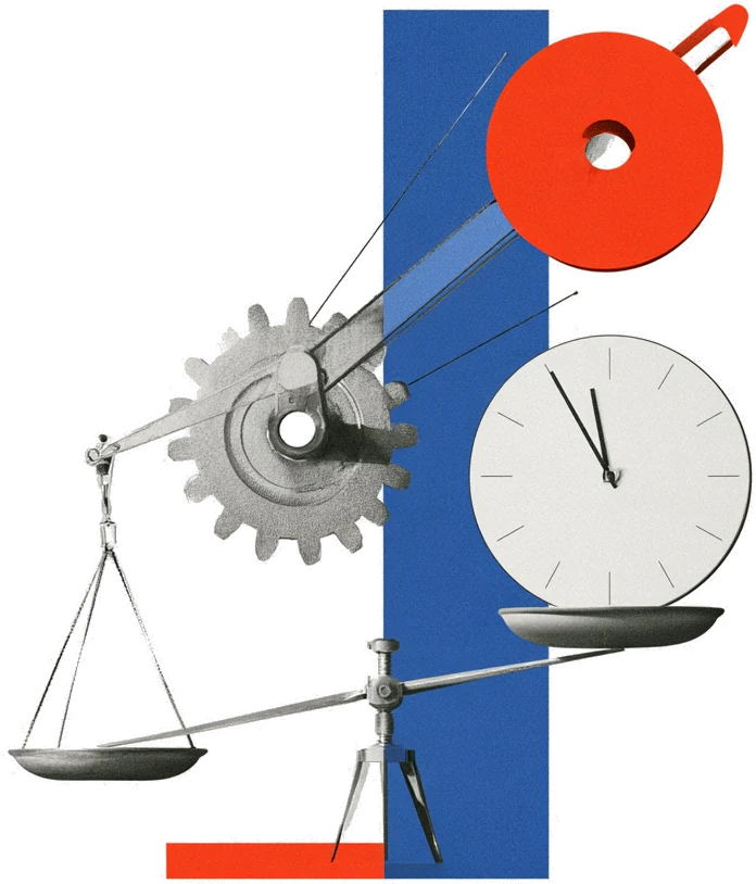 Una bilancia a due piatti con un ingranaggio, un orologio e un disco rosso: il tempo del lavoro rimesso in equilibrio