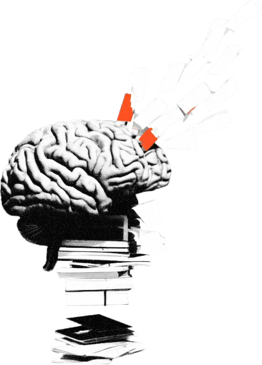 Un cervello posato su una pila di libri, con fogli che si sollevano in volo