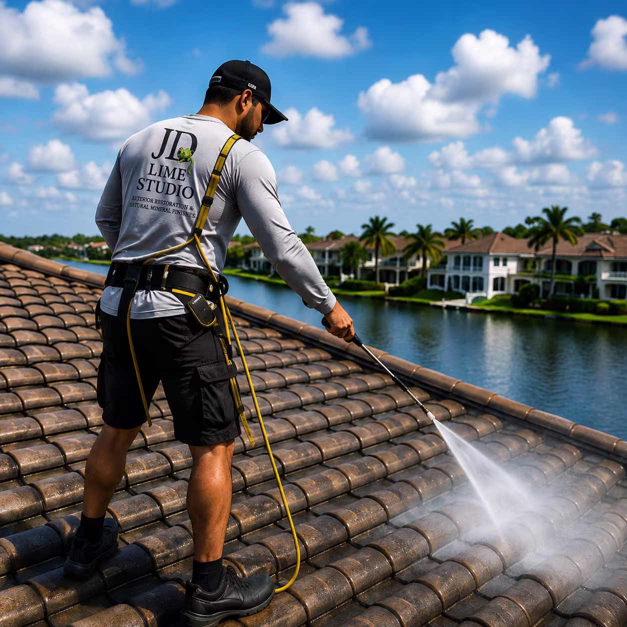 Team member soft washing a tile roof