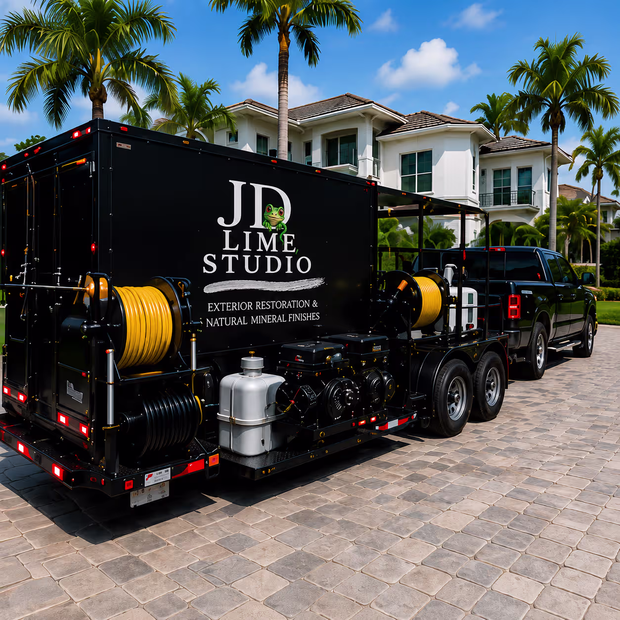 JD Lime Studio rig parked in a residential neighborhood