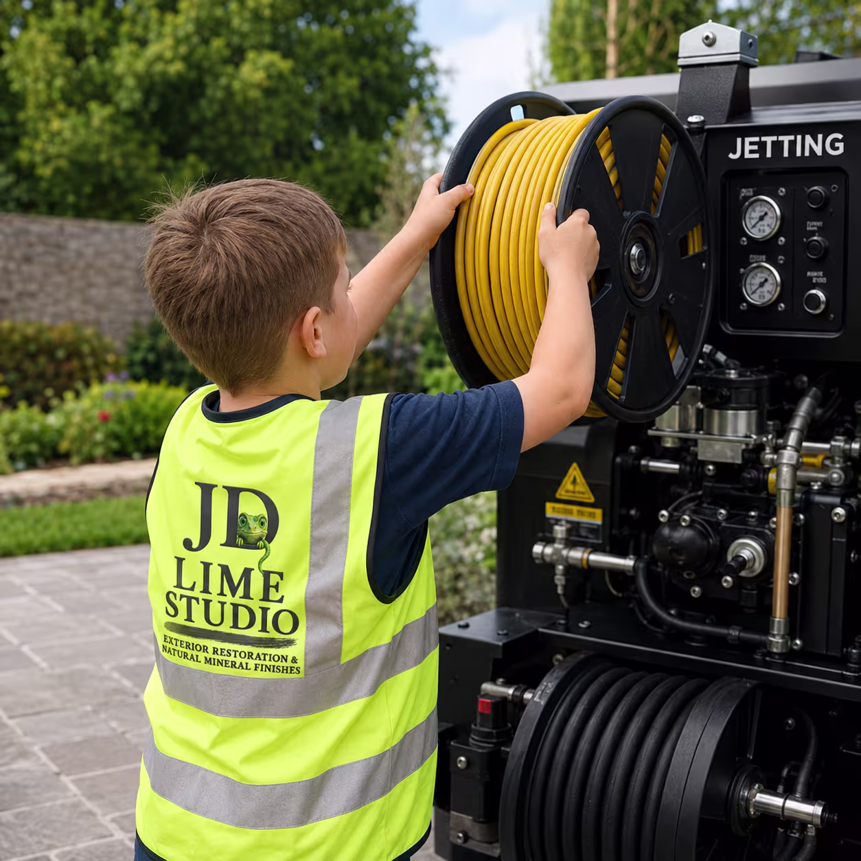 Young helper in a JD Lime Studio vest at the hose reel