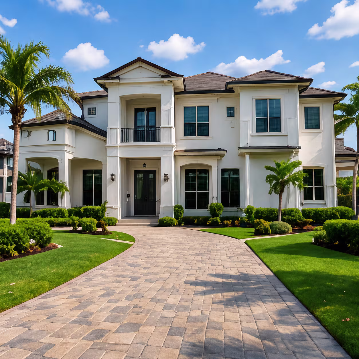 Restored home exterior with clean paver driveway