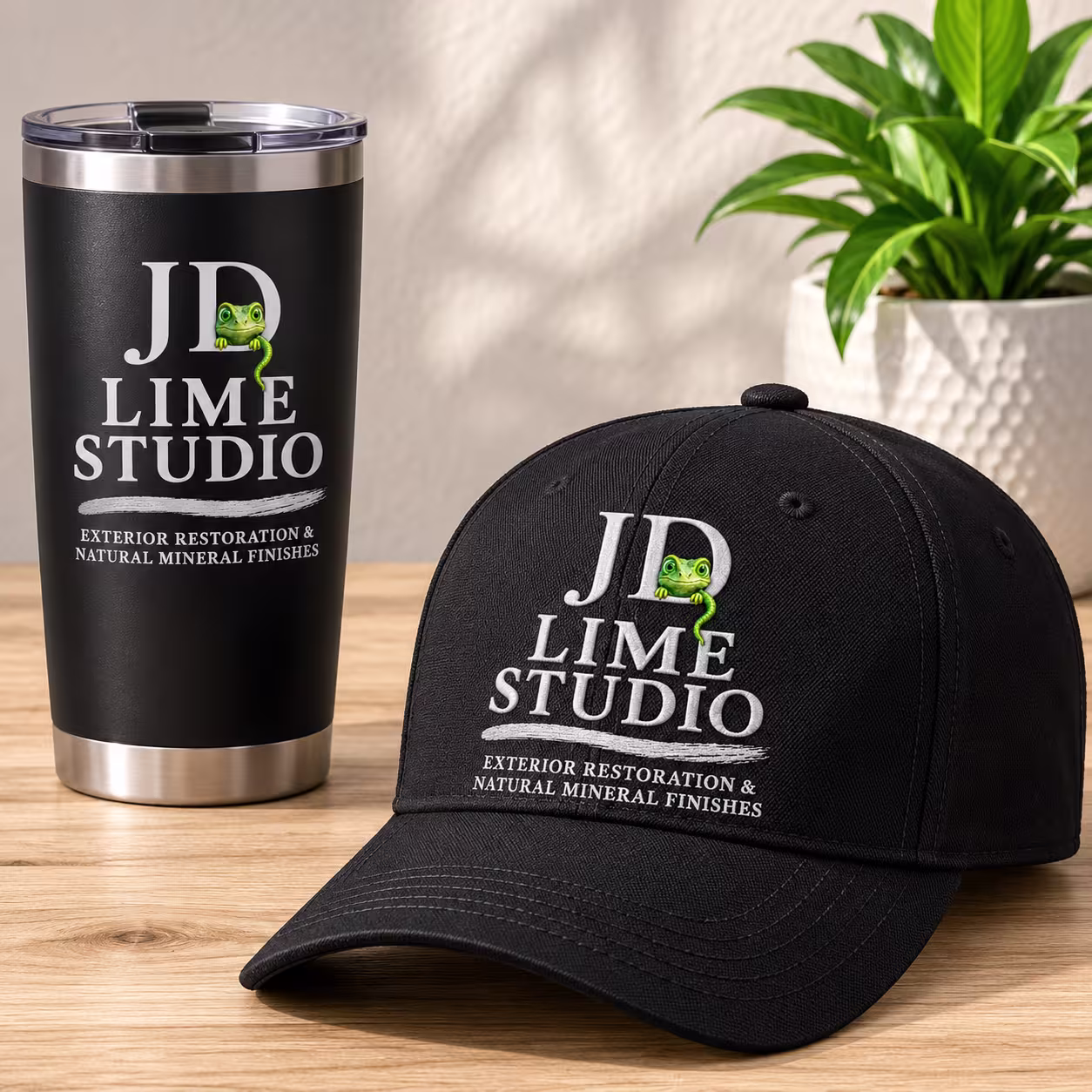 JD Lime Studio branded tumbler and cap