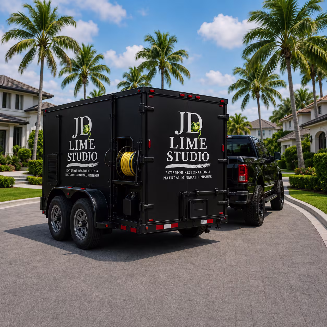 JD Lime Studio trailer heading to a job