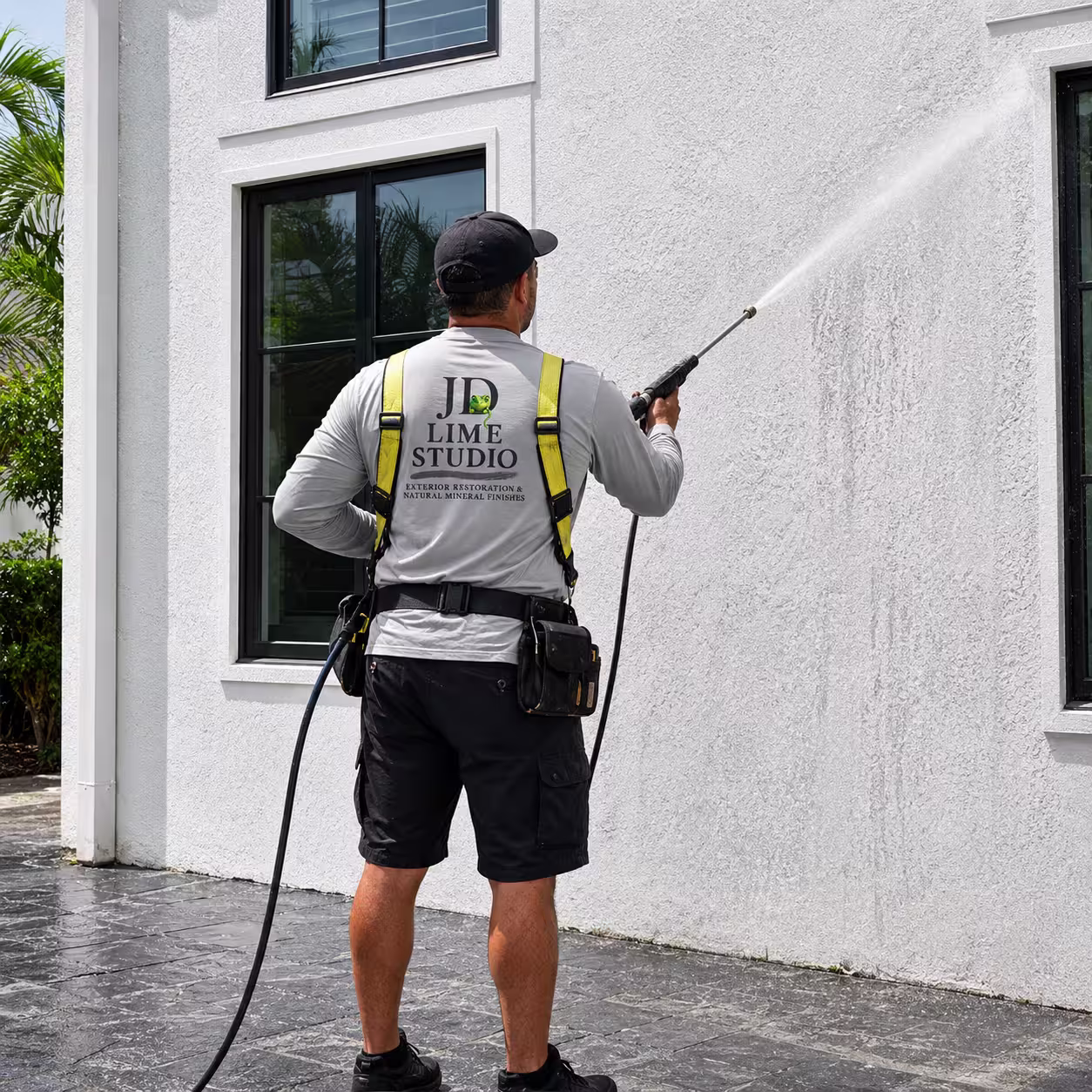 Team member washing a stucco wall