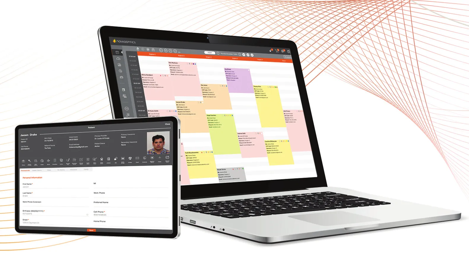 Novadontics appointment book on a laptop next to a patient record on a tablet