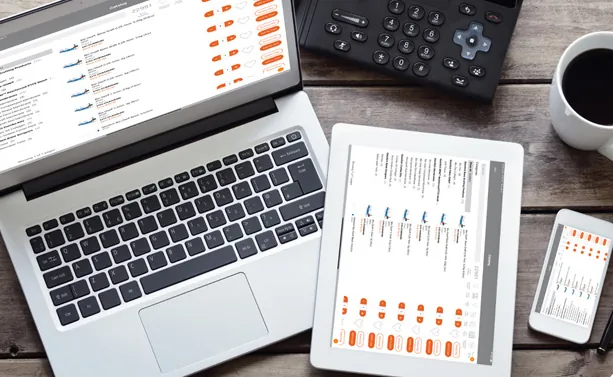 Novadontics dashboards on a laptop, tablet and phone on a desk