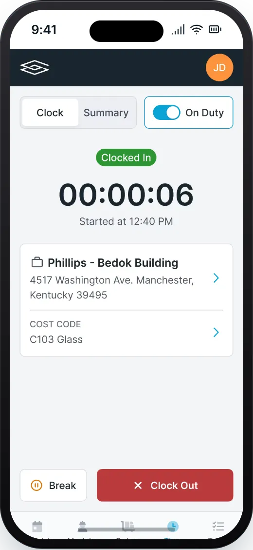 Time tracking mobile app screenshot