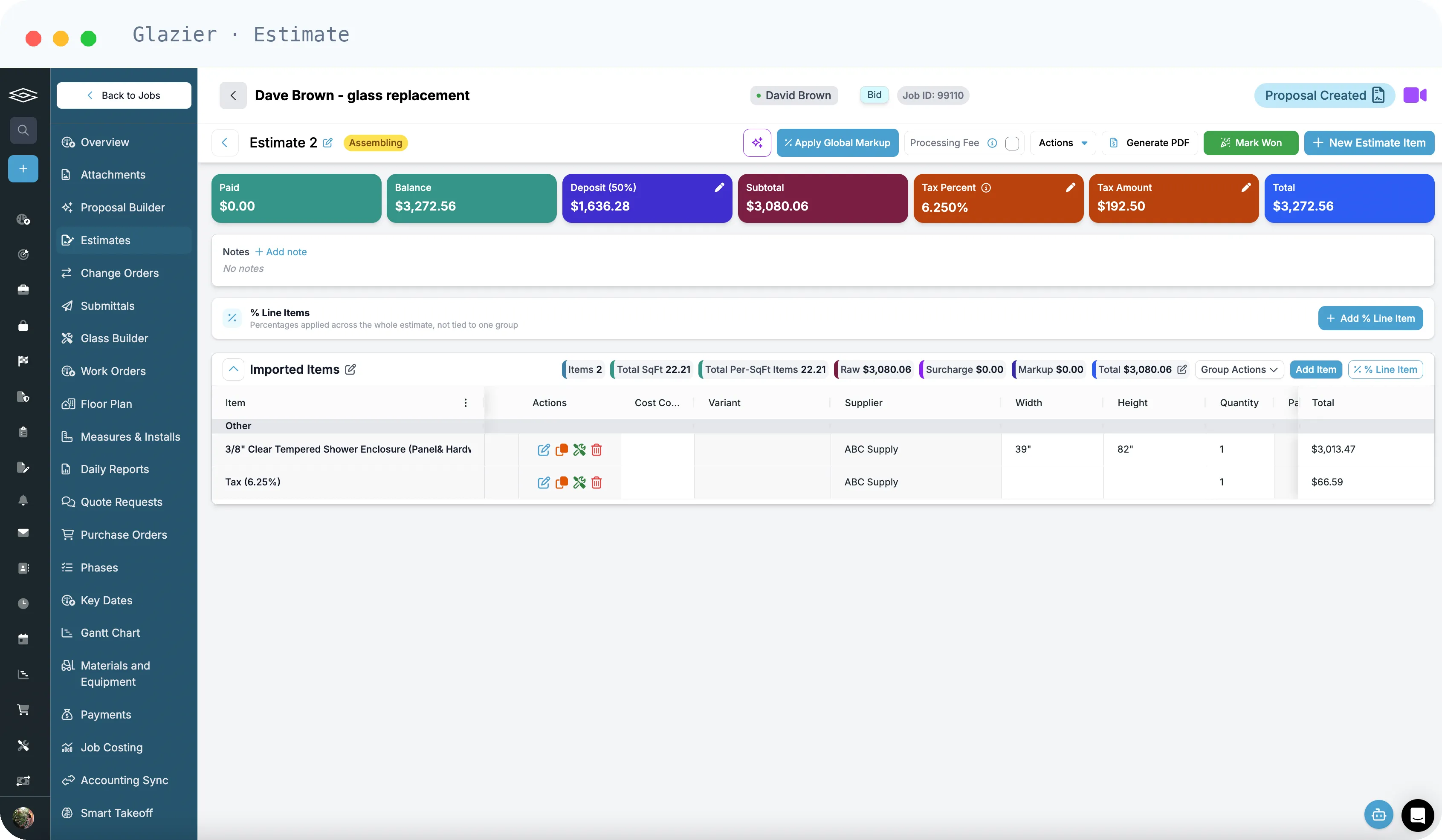 Job entered once flowing to a live estimate, quote, and invoice