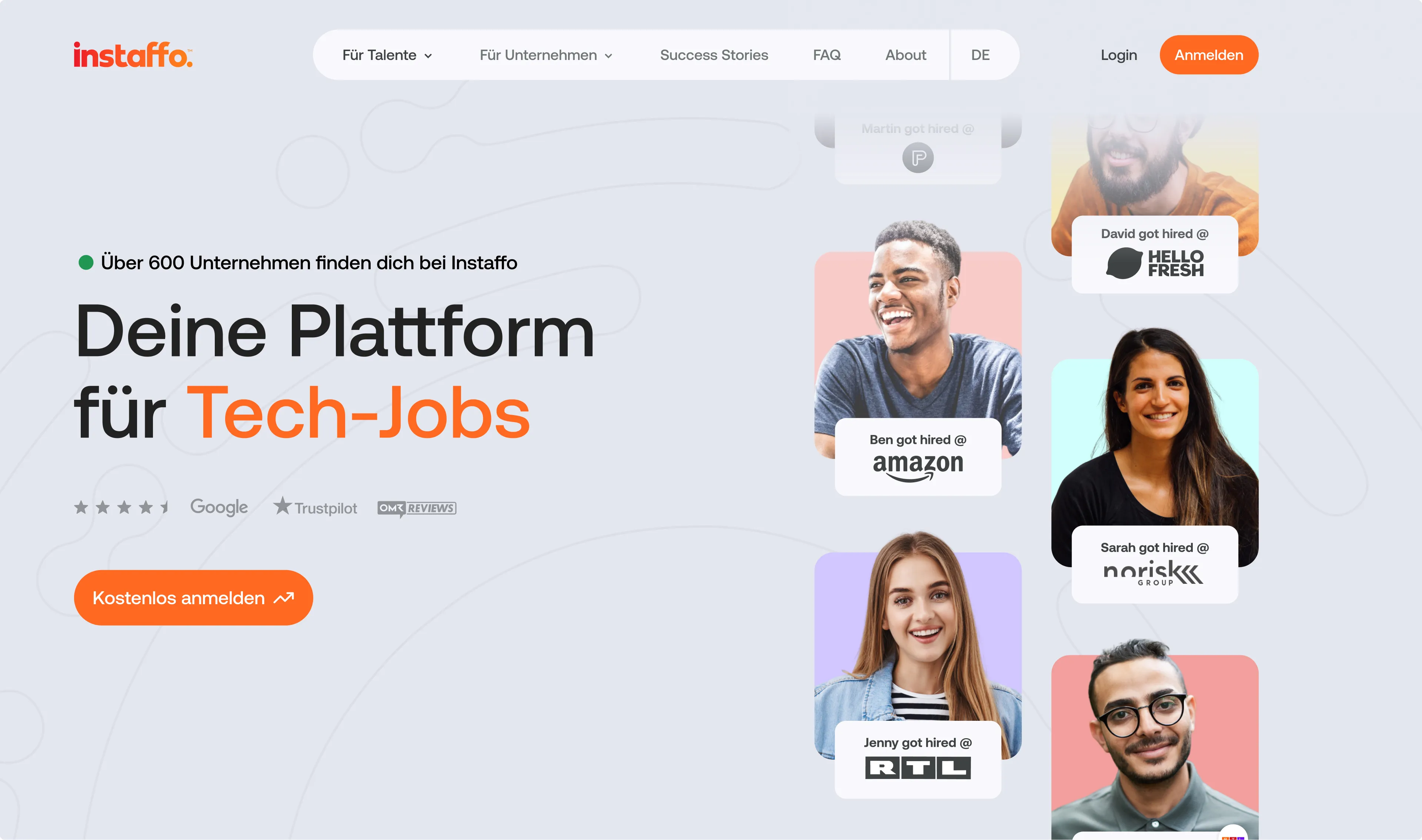 Neu gestaltete Instaffo-Startseite als Plattform für Tech-Jobs mit Porträts vermittelter Talente
