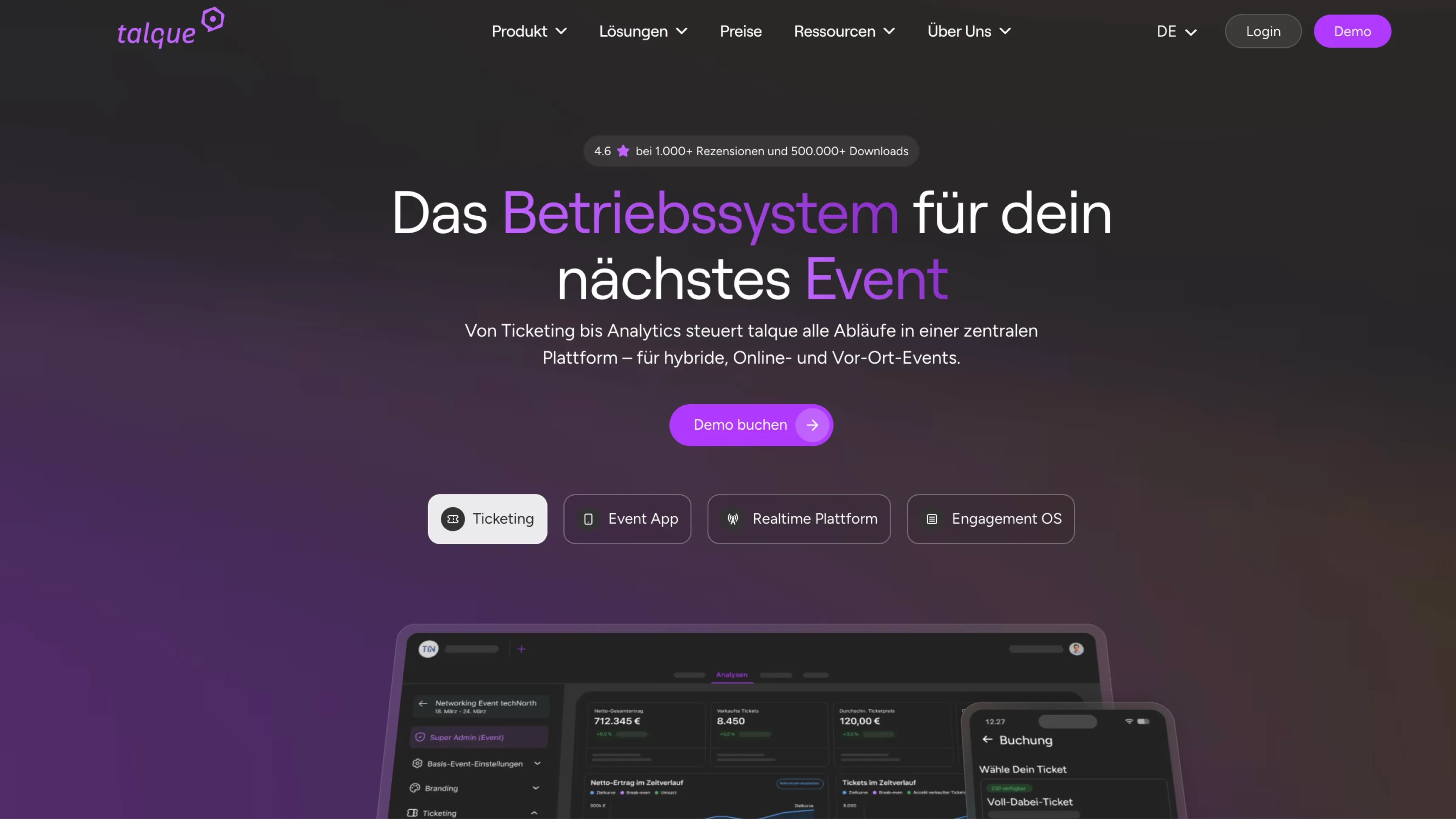 Redesigned talque homepage presenting the platform as the operating system for your next event
