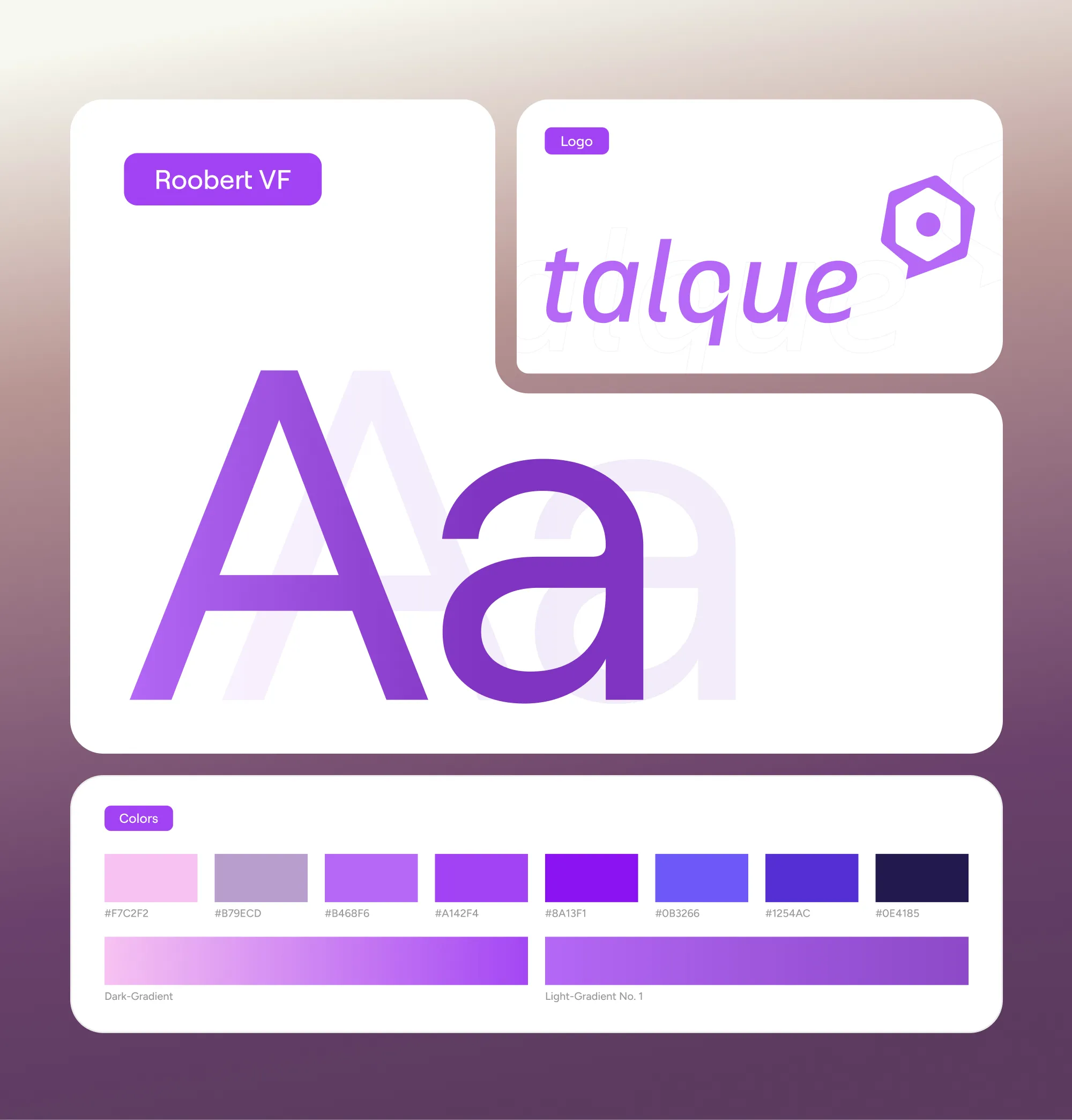 talque brand style sheet with logo, the Roobert VF typeface and a purple colour palette