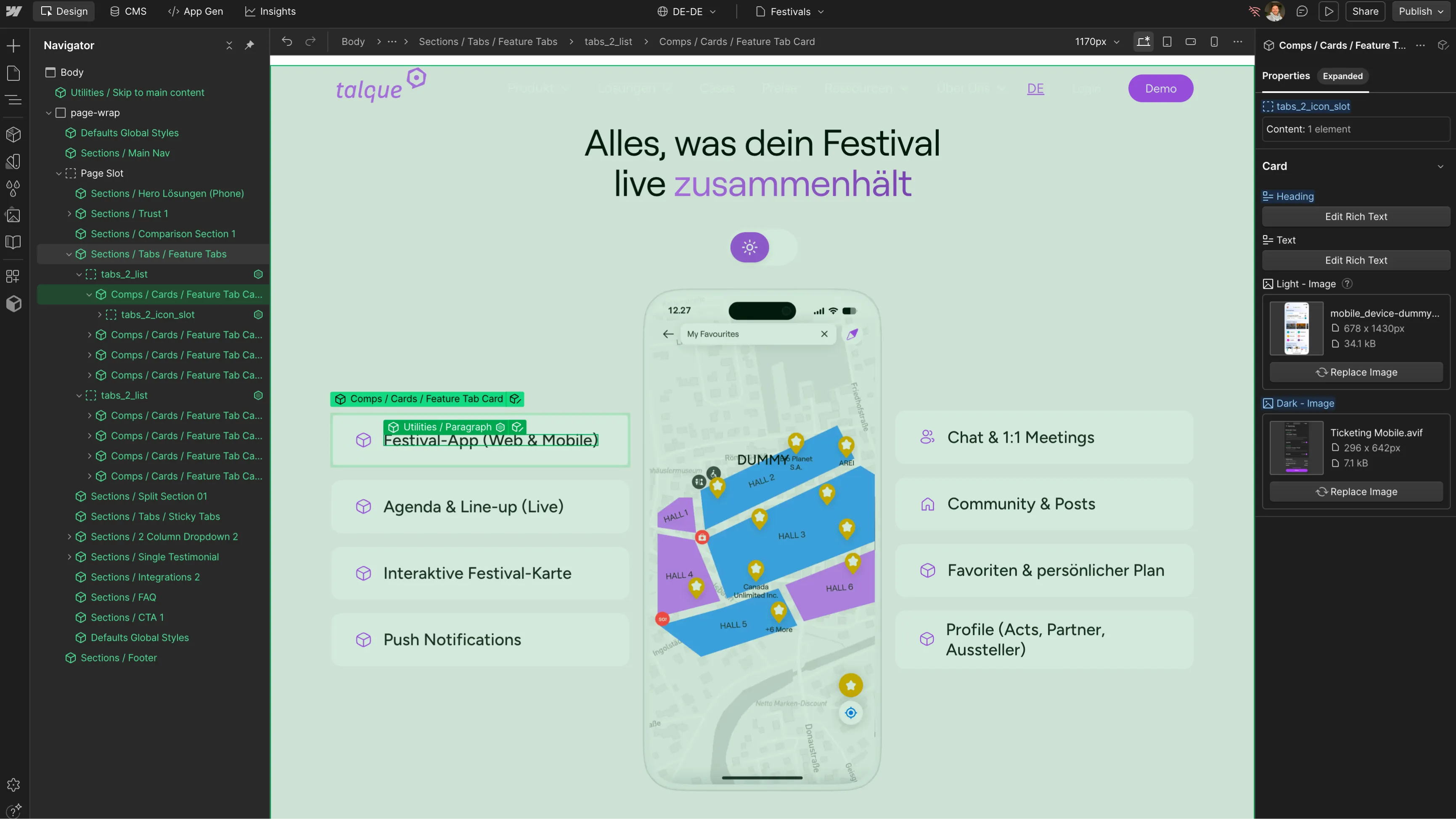 Webflow Designer showing a talque festival landing page