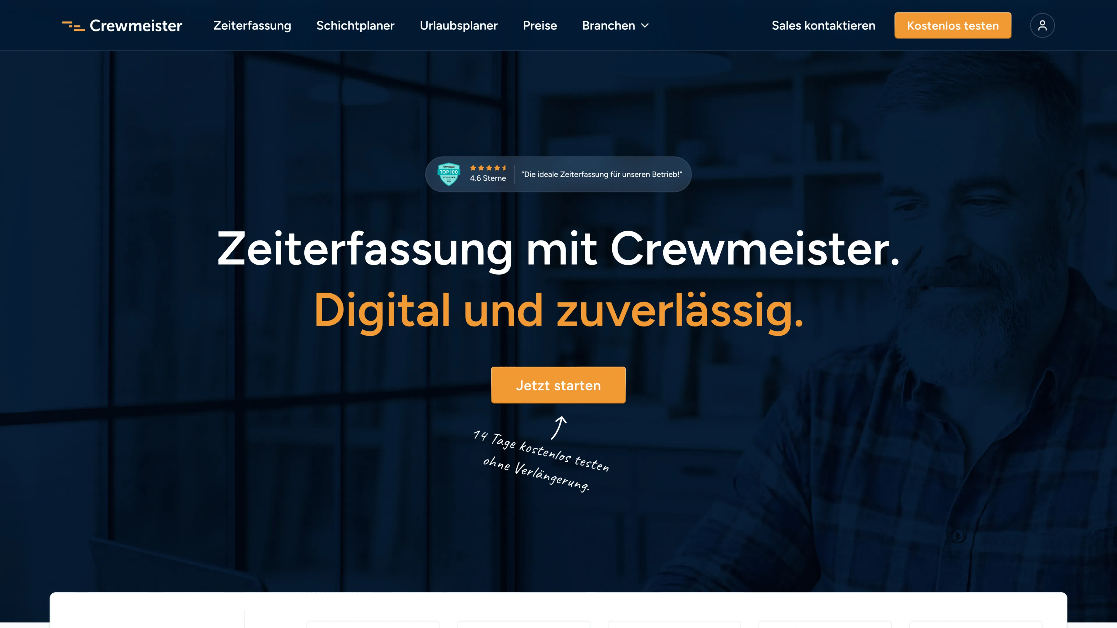 Neu gestaltete Crewmeister-Startseite für digitale Zeiterfassung