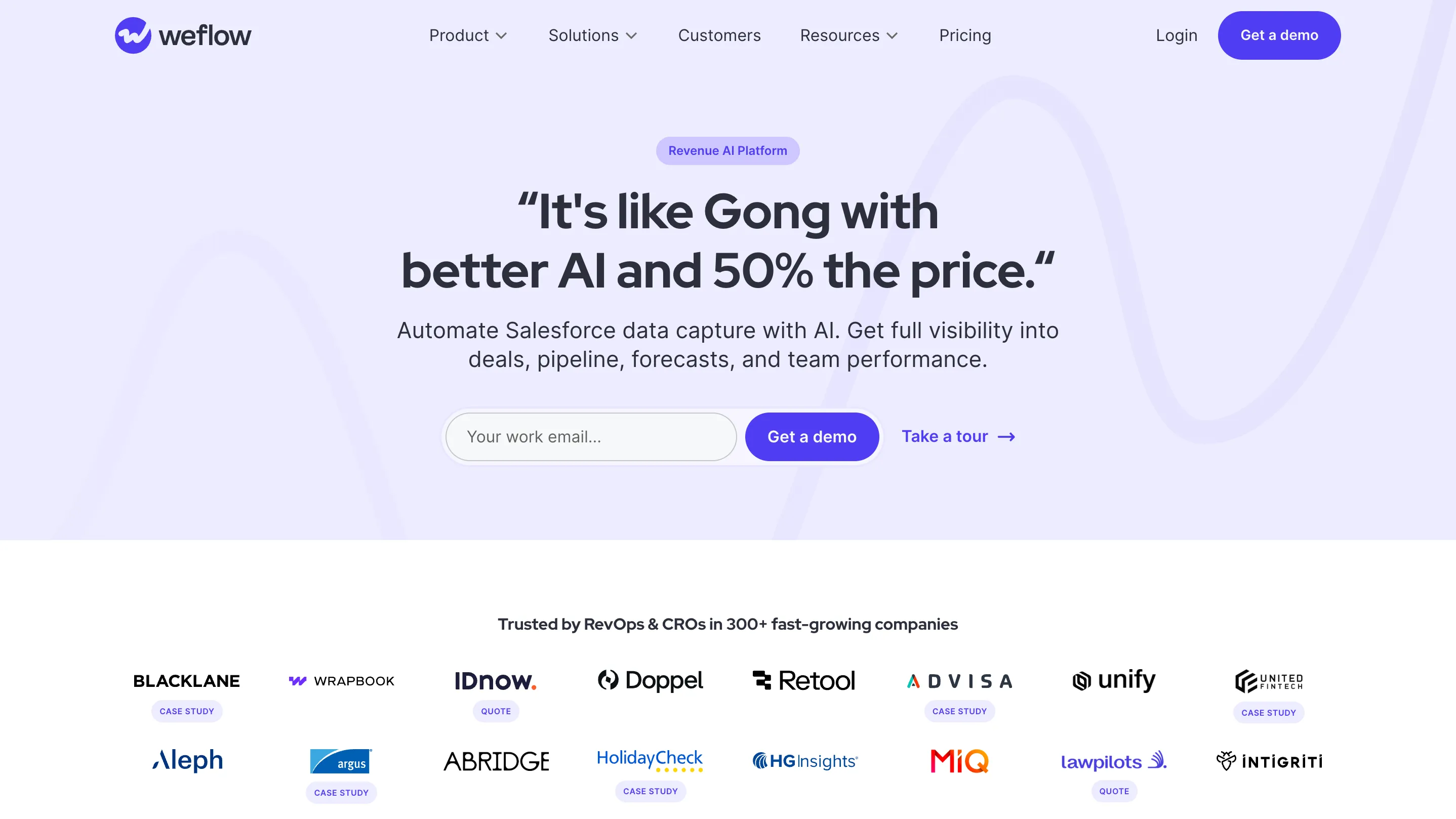 Redesigned Weflow homepage with a customer quote and logos of RevOps teams