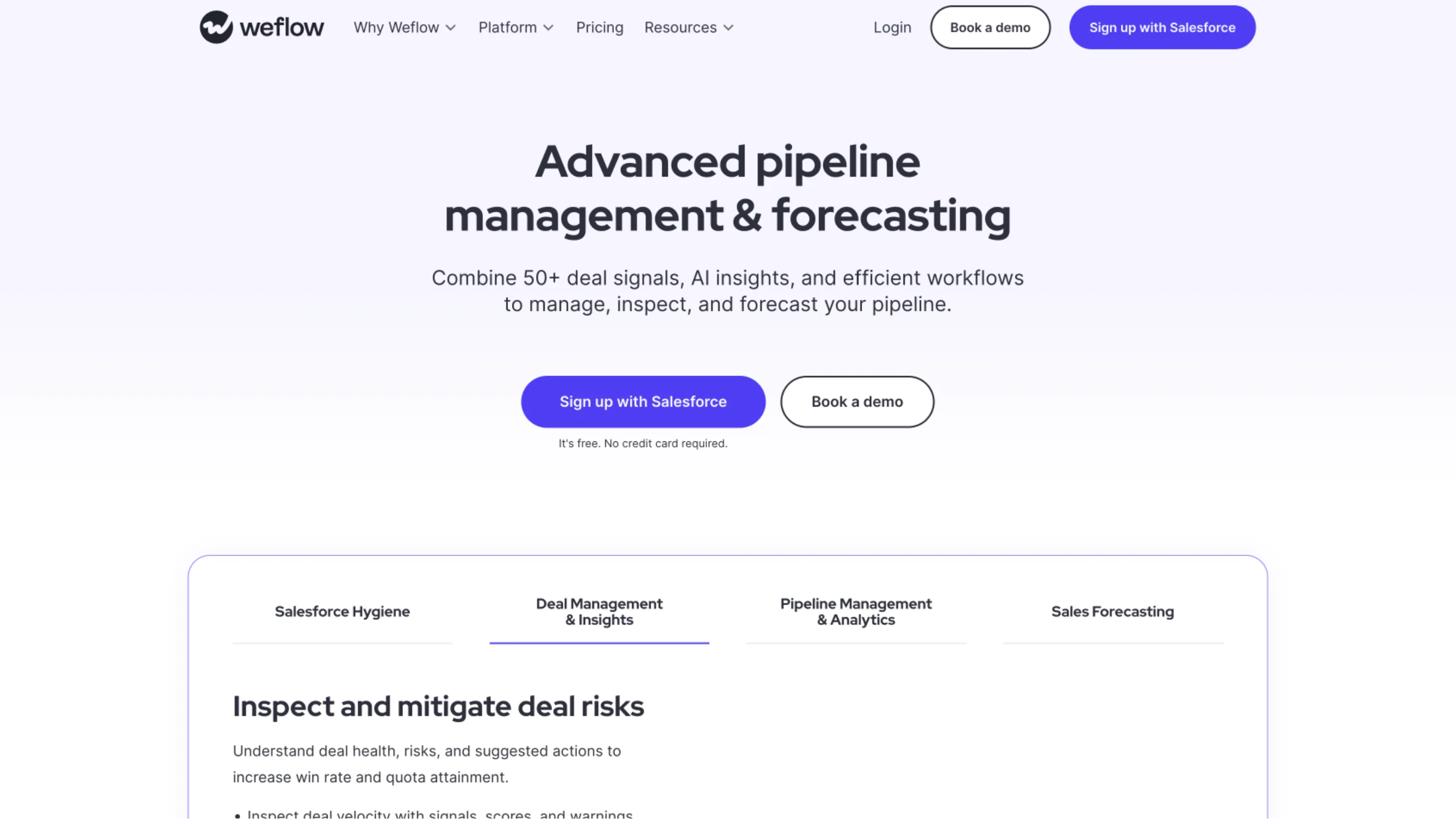 Weflow homepage before the redesign, about advanced pipeline management and forecasting