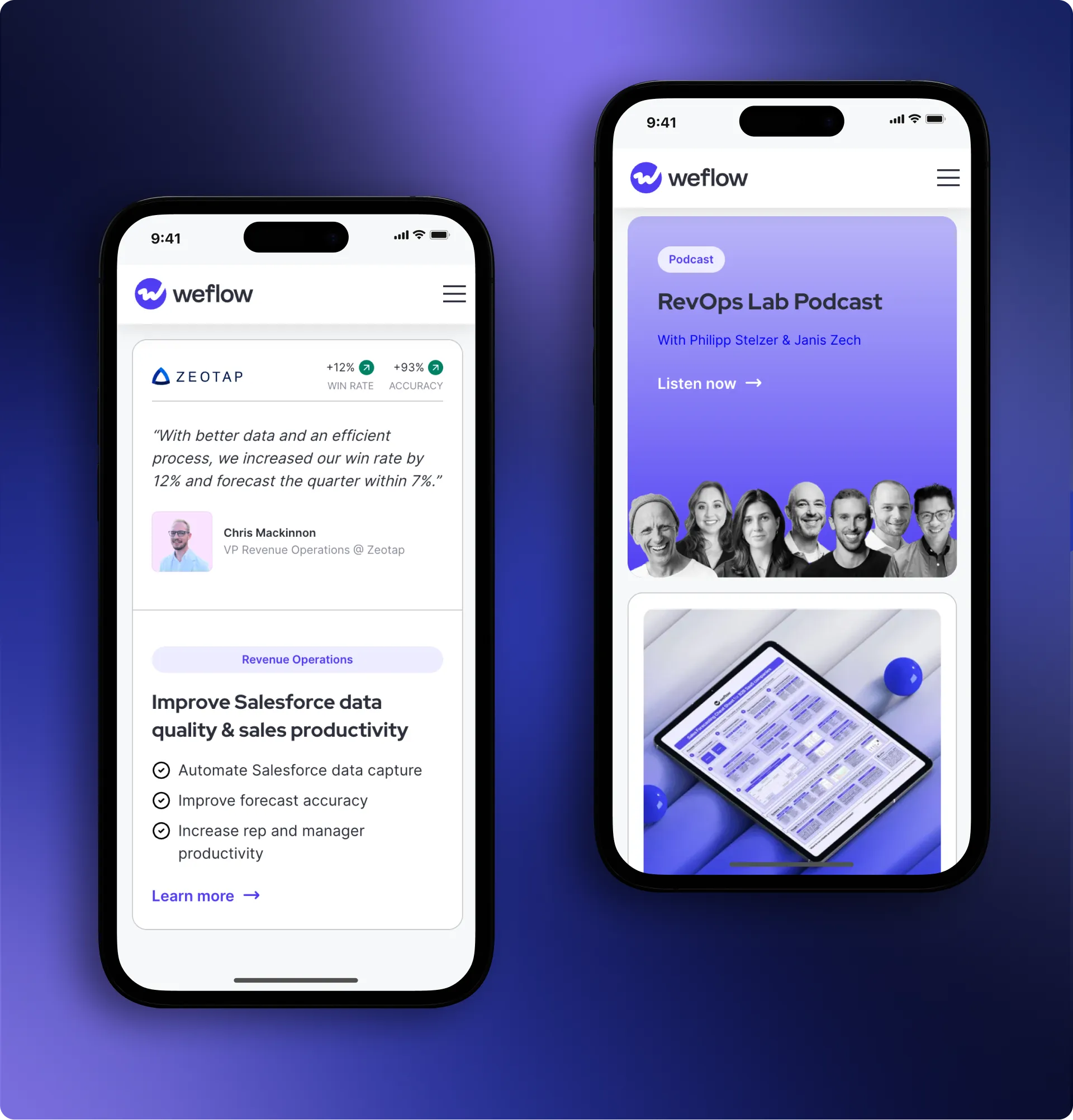 Two phones showing a Weflow customer testimonial and the RevOps Lab podcast page