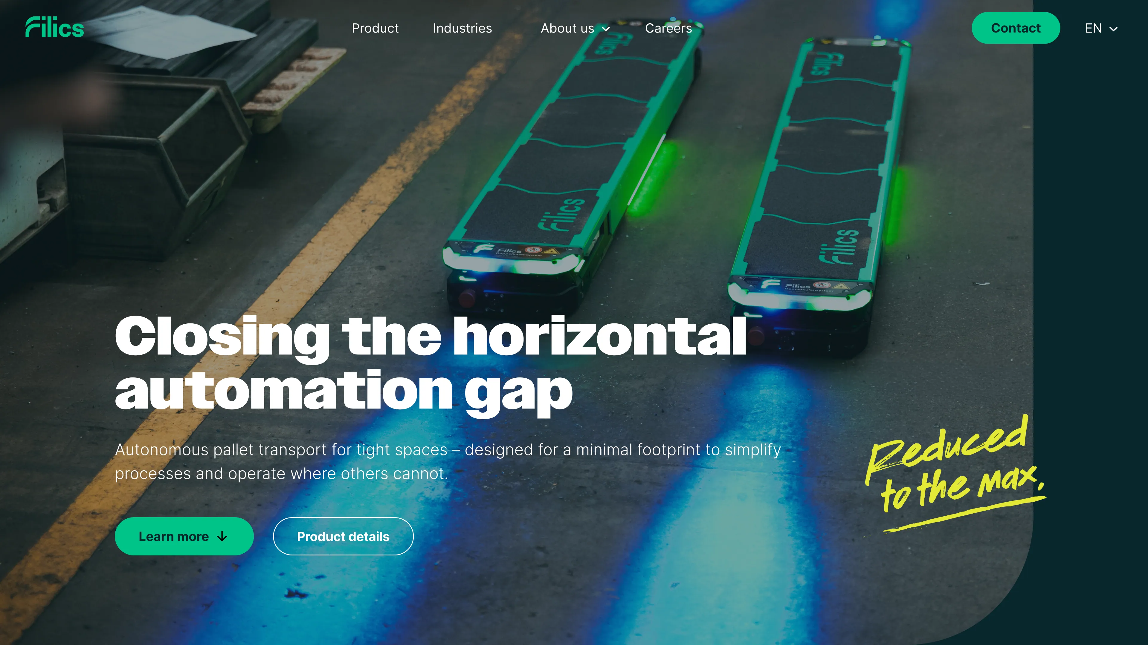 Redesigned Filics homepage about closing the horizontal automation gap, with autonomous pallet robots