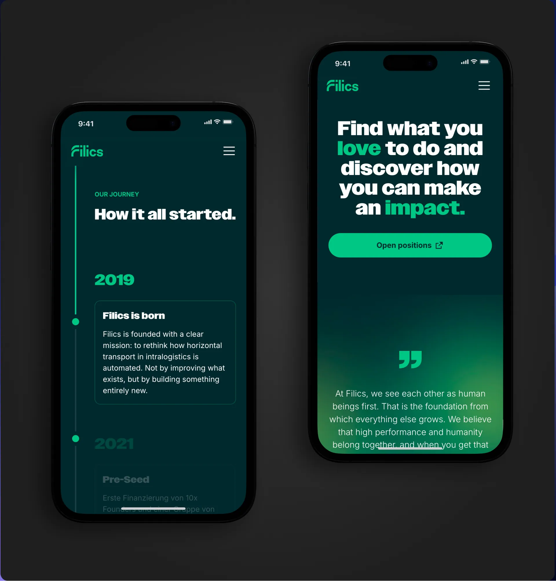 Two phones showing the Filics company timeline and careers page