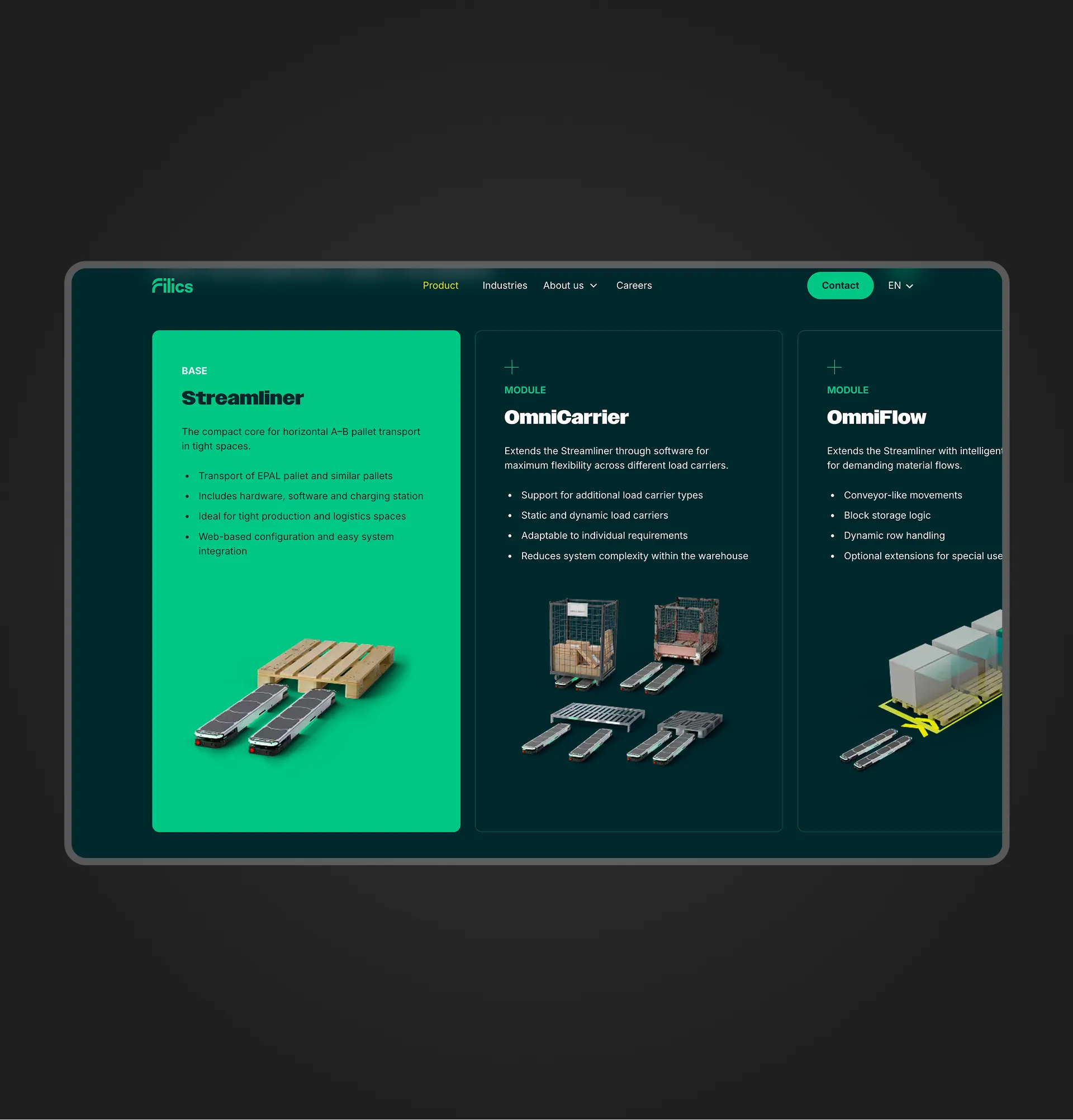 Filics website showing the Streamliner, OmniCarrier and OmniFlow product modules