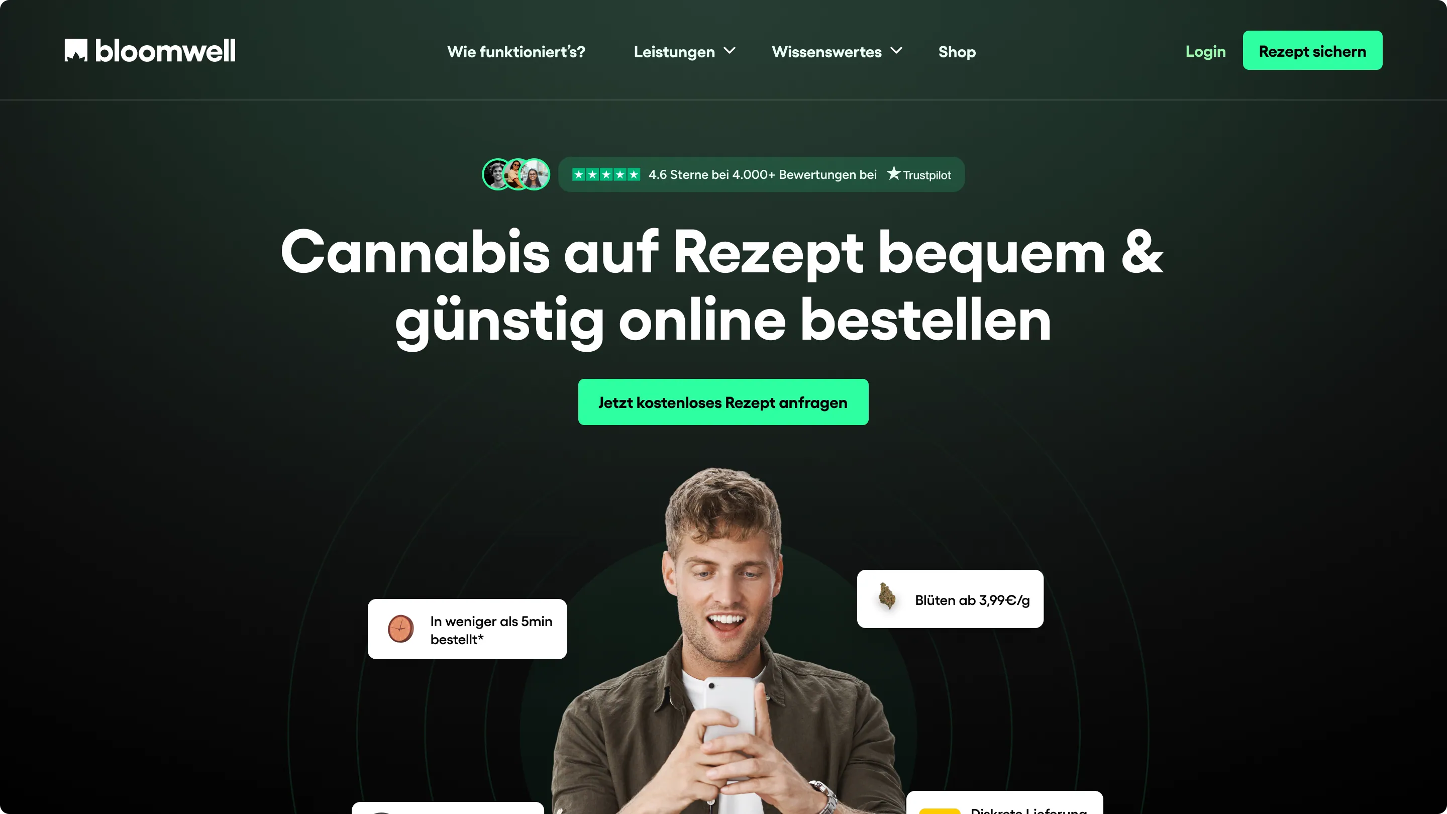 Redesigned Bloomwell homepage for ordering cannabis on prescription online