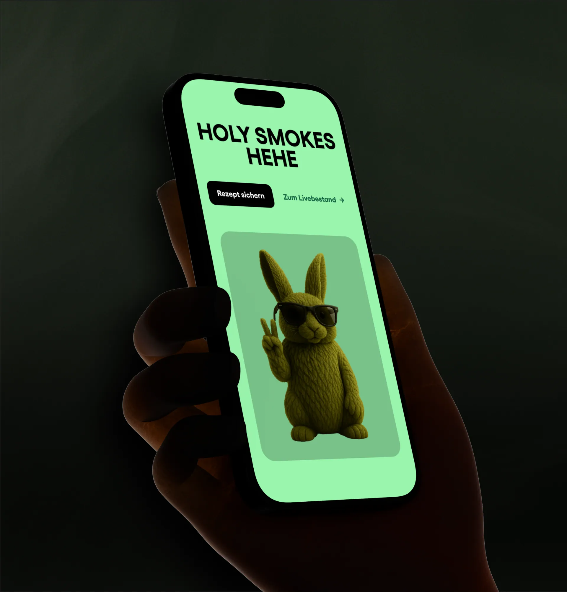 Hand holding a phone showing a Bloomwell campaign page with a crocheted bunny wearing sunglasses