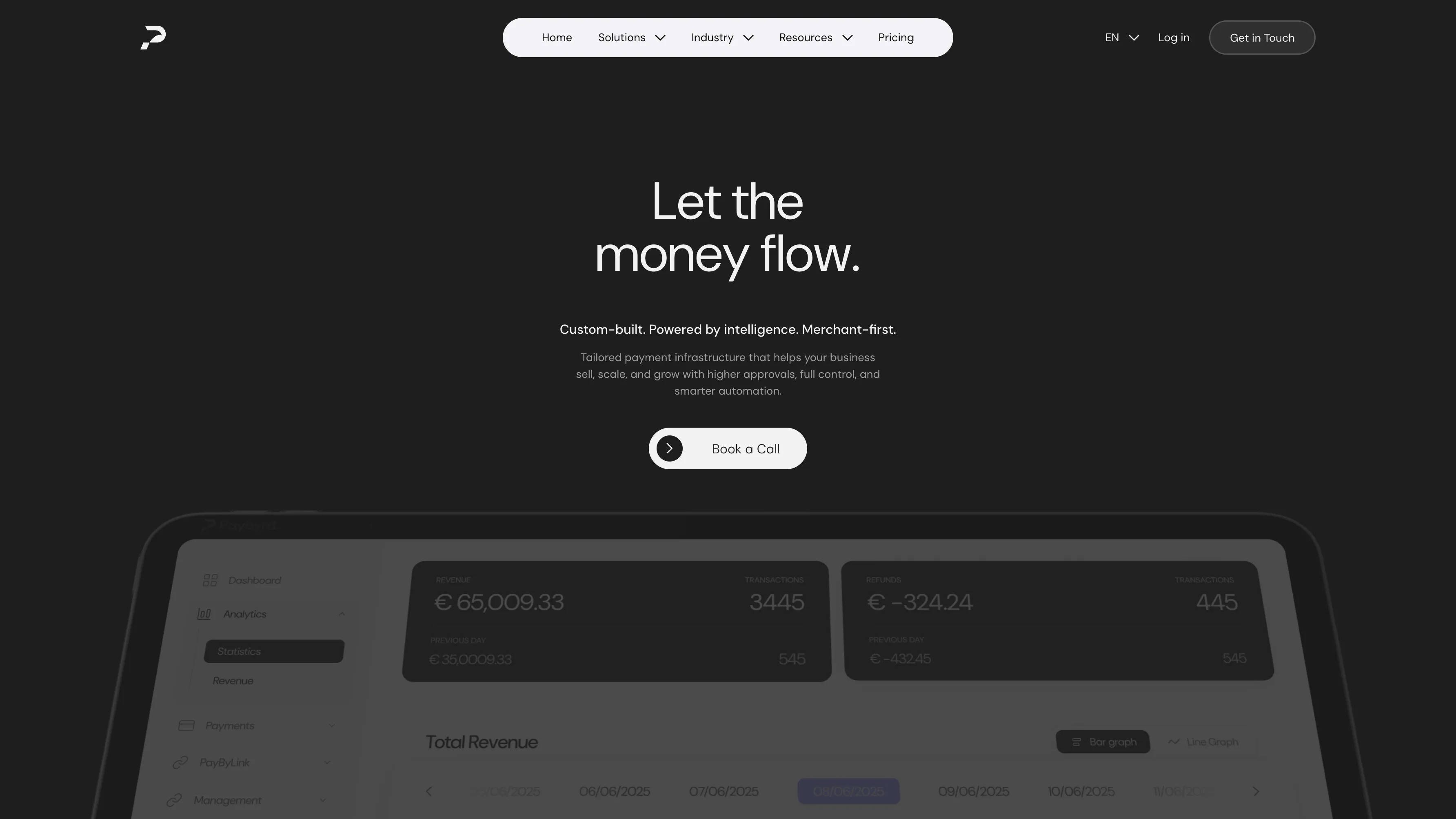 Redesigned Paybyrd homepage with the claim Let the money flow and a payments dashboard