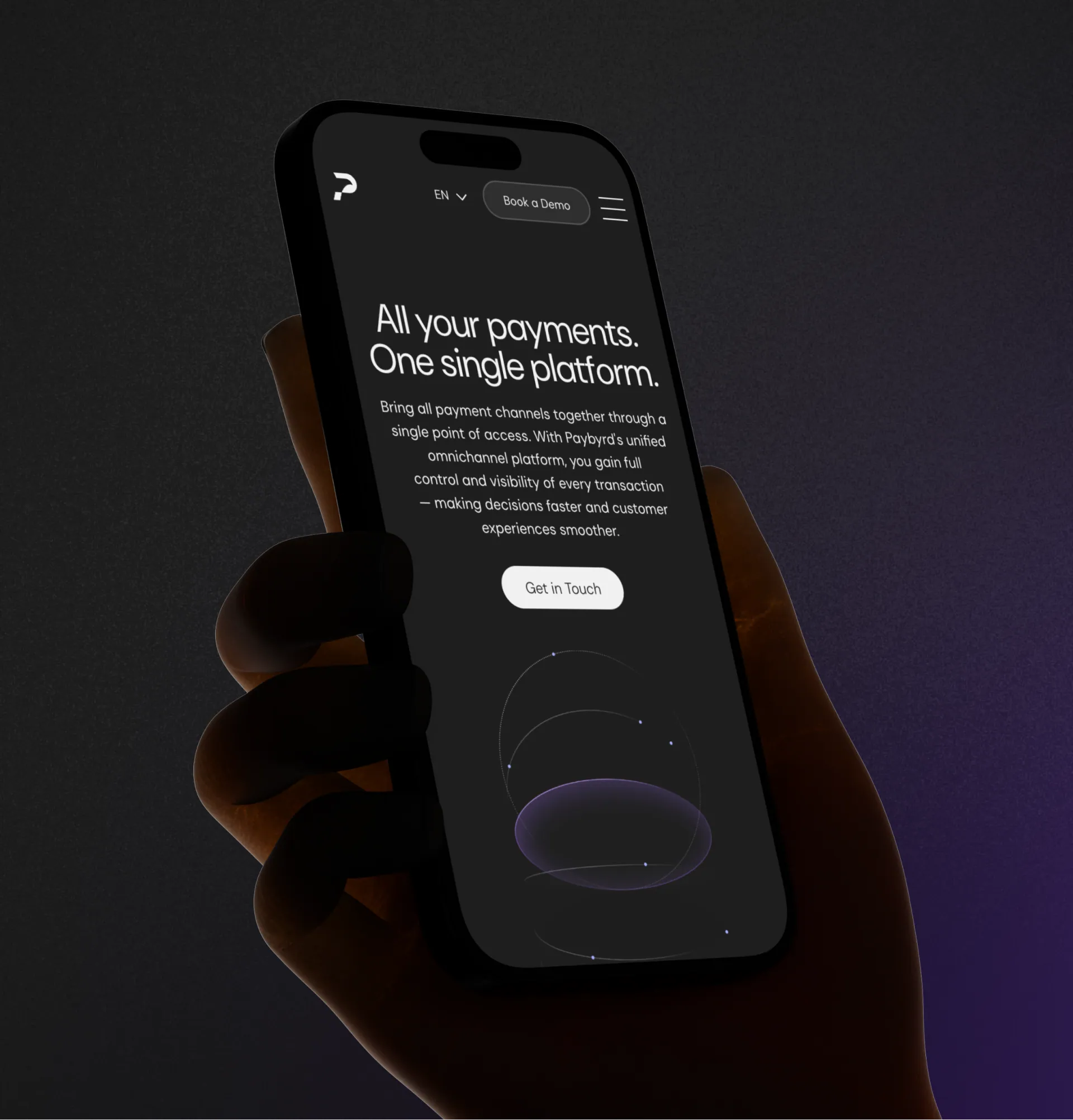 Hand holding a phone showing the Paybyrd page about bringing all payments onto one platform