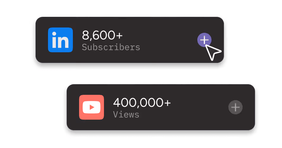 Kennzahlkarten mit über 8.600 LinkedIn-Abonnenten und über 400.000 YouTube-Aufrufen