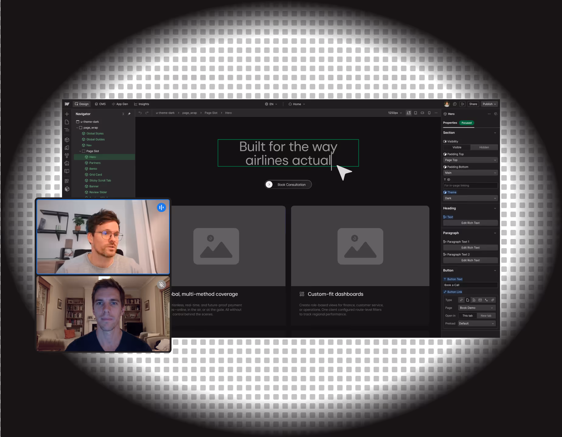Webflow Designer mit eingeblendetem Videocall zweier Personen während einer Live-Bearbeitung