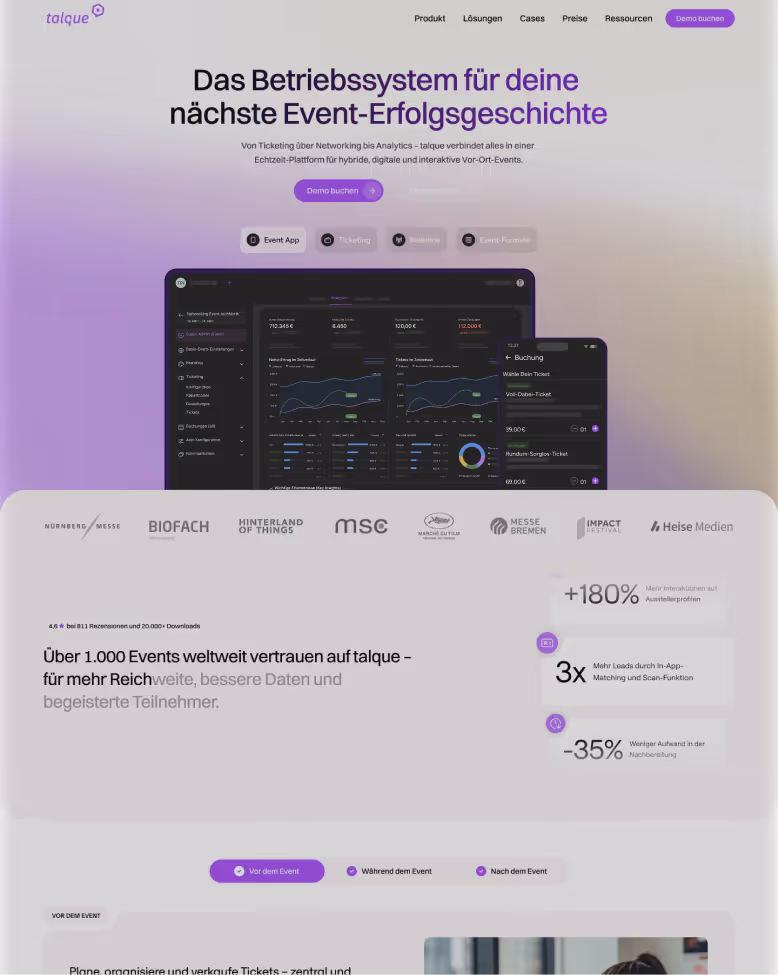 talque-Startseite in heller Farbgebung mit Dashboard-Screenshots und Ergebniskennzahlen