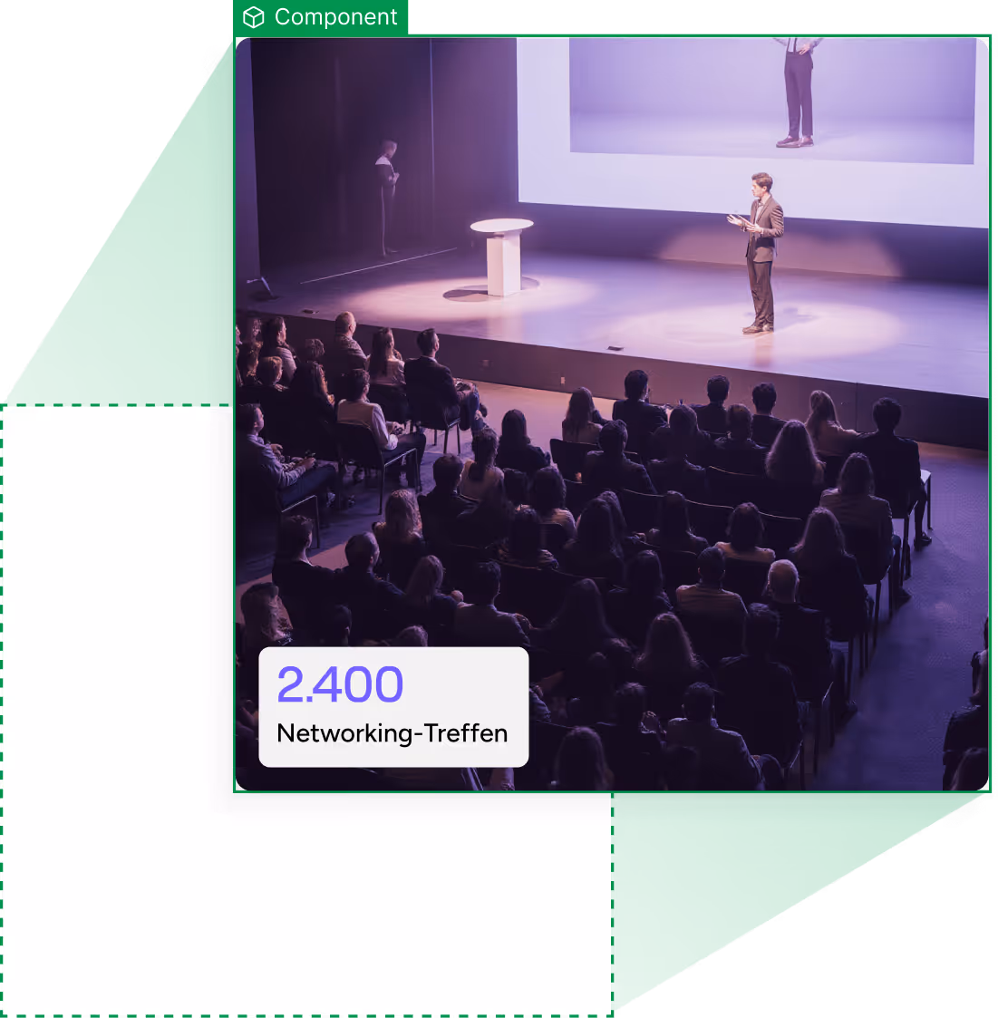 Webflow-Komponente mit Konferenzfoto und Kennzahlkarte mit 2.400 Networking-Treffen