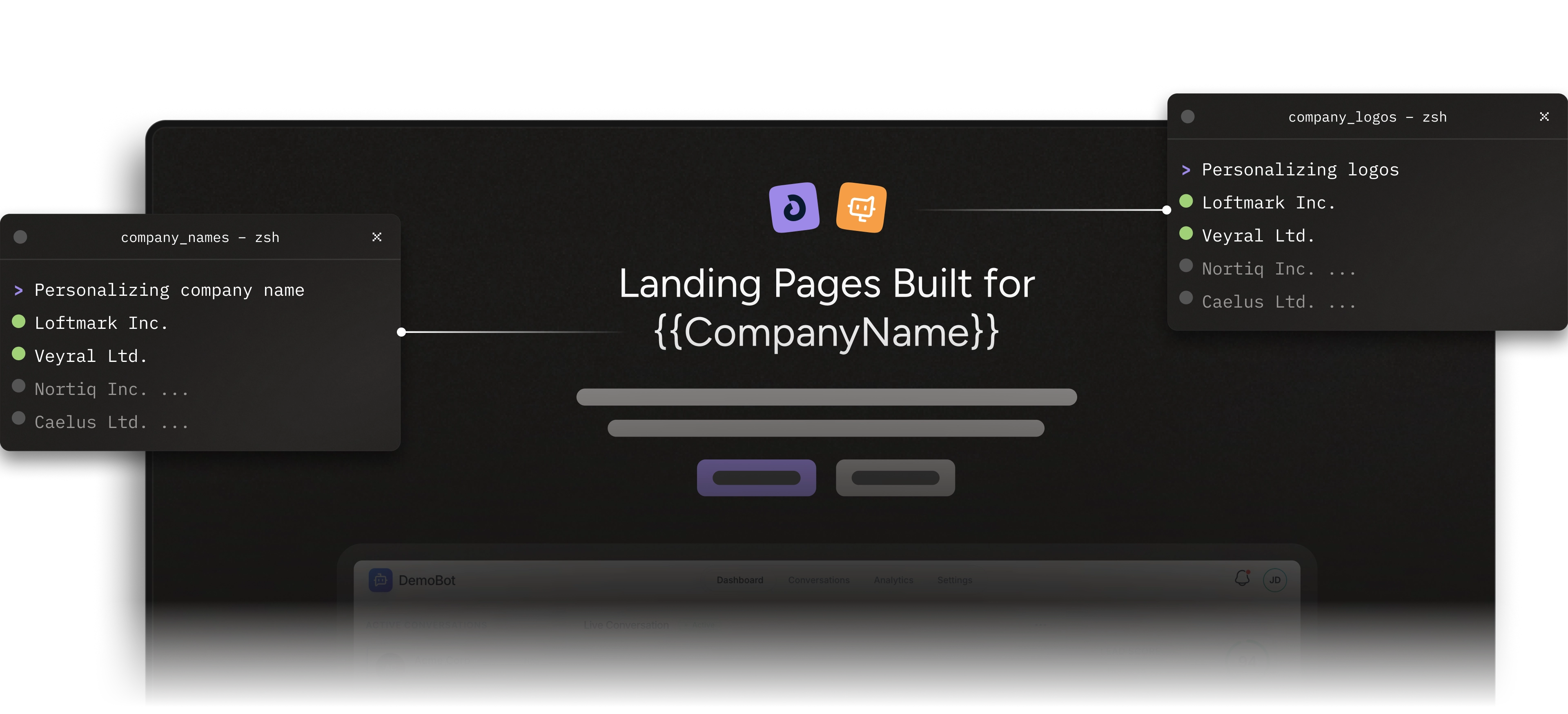Landingpage-Mockup zwischen zwei Terminalfenstern, die Firmennamen und Logos personalisieren