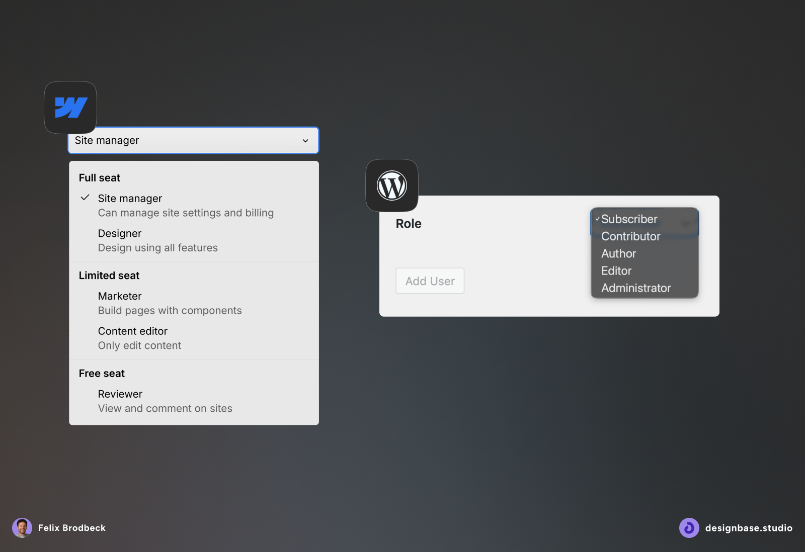 Webflow has better roles and rights by default. In WordPress, they are easy to extend with plugins.