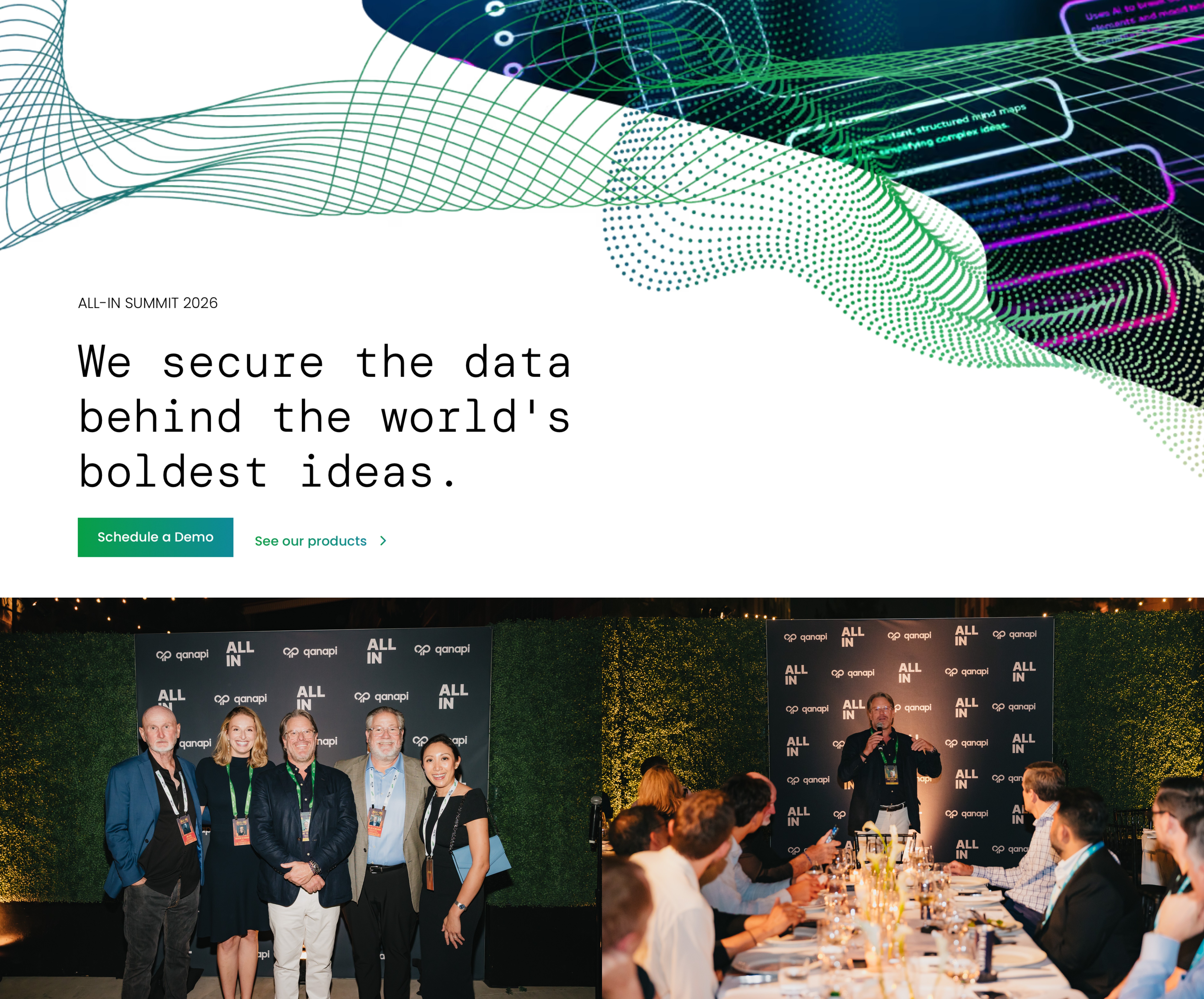 Qanapi team and guests at the All-In Summit 2026 networking dinner, in front of a Qanapi and All-In backdrop.
