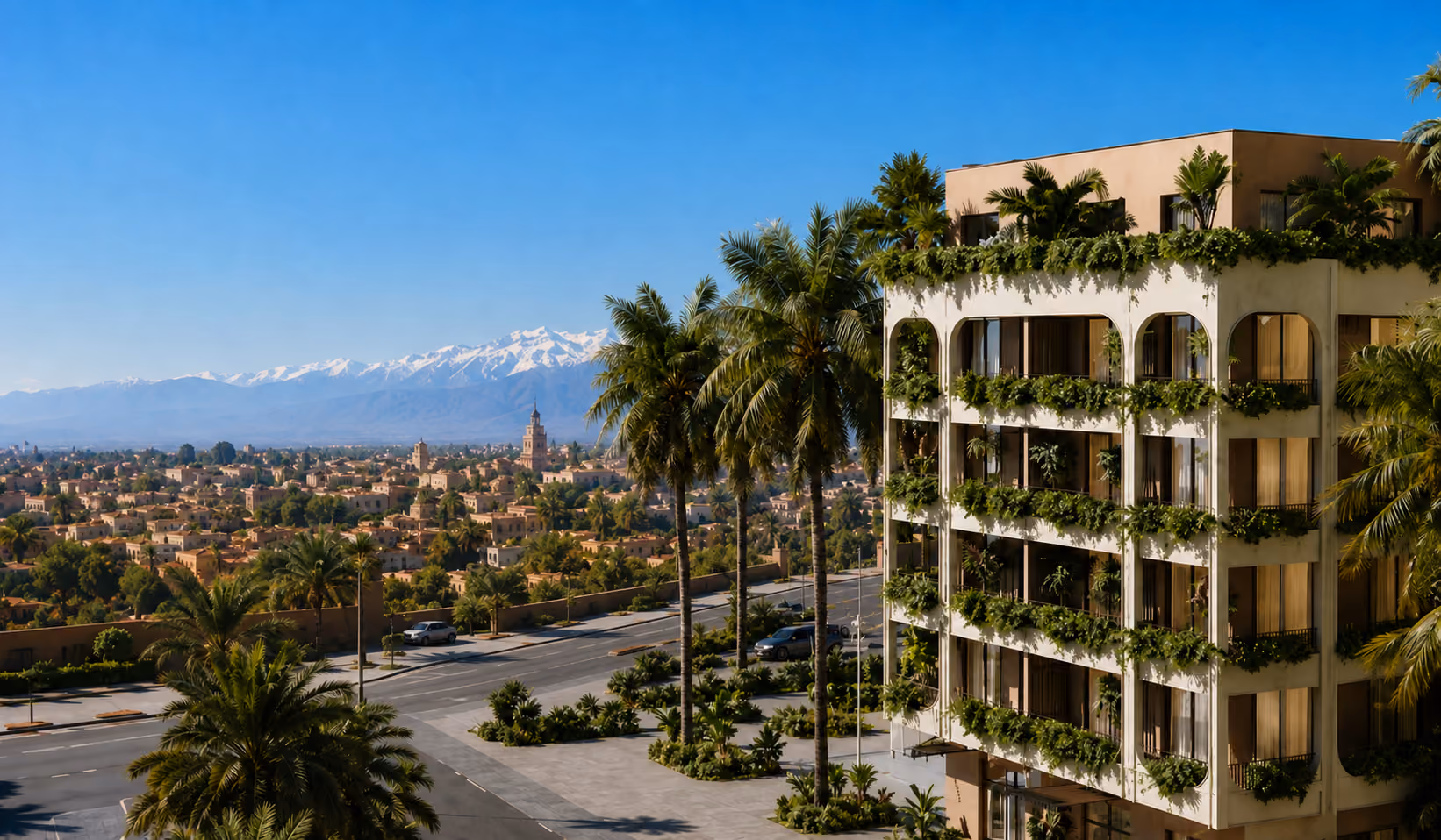 Immeuble moderne avec balcons verts surplombant une ville au pied de montagnes enneigées.