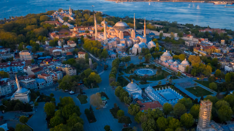 Aerial view of Sultanahmet in Istanbul with Hagia Sophia and the Blue Mosque